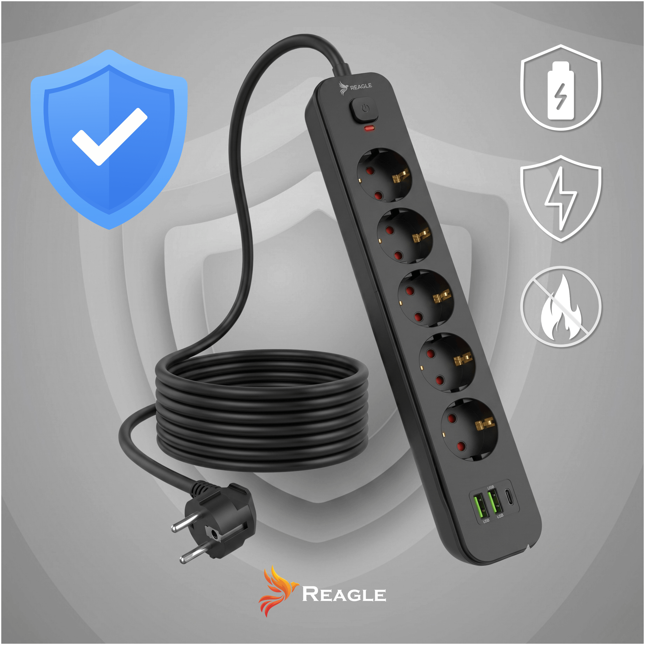 Regleta negra con múltiples enchufes y puertos USB, cable y enchufe.