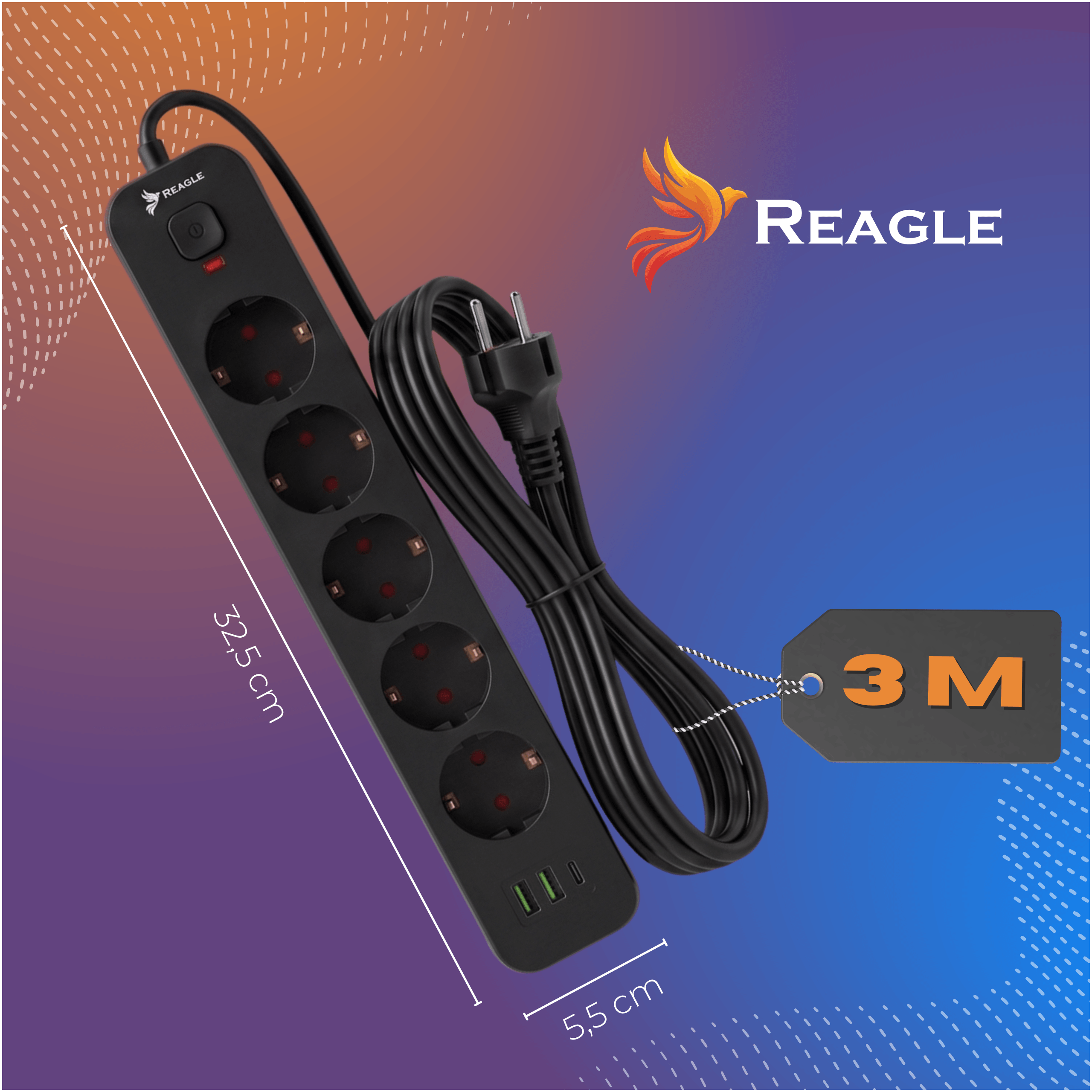 Regleta negra con 4 enchufes y 3 puertos USB. Etiqueta de cable de 3M.