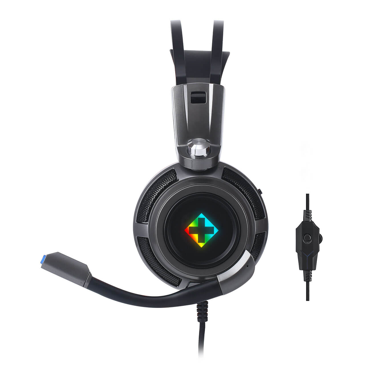 Auriculares grises para juegos con micrófono y logo iluminado sobre fondo blanco.