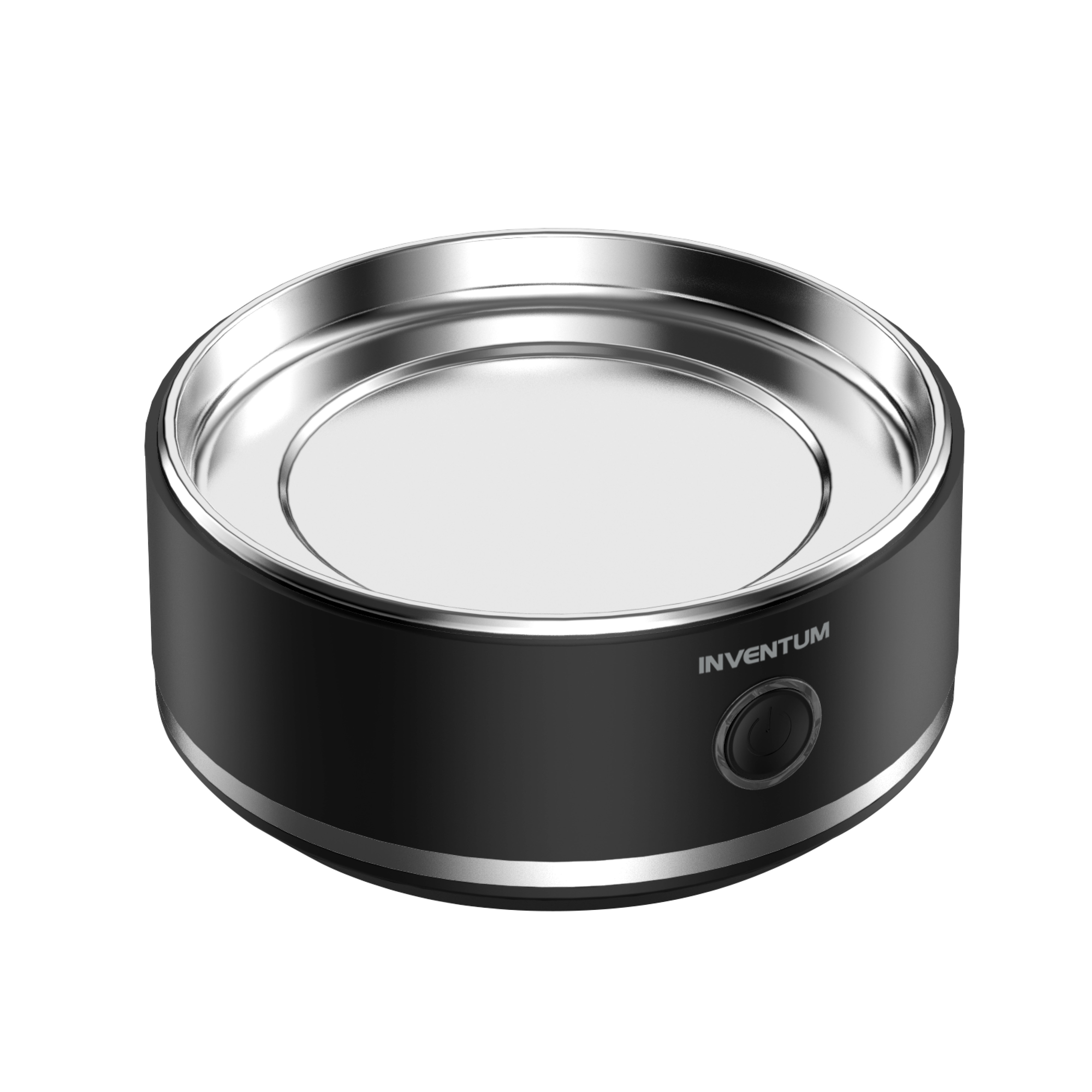 Een ronde zwarte warmer met een zilveren rand en een aan/uit knop.