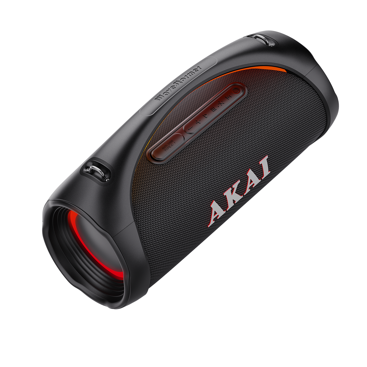 Czarny głośnik Bluetooth AKAI z czerwonymi akcentami i przyciskami sterowania.