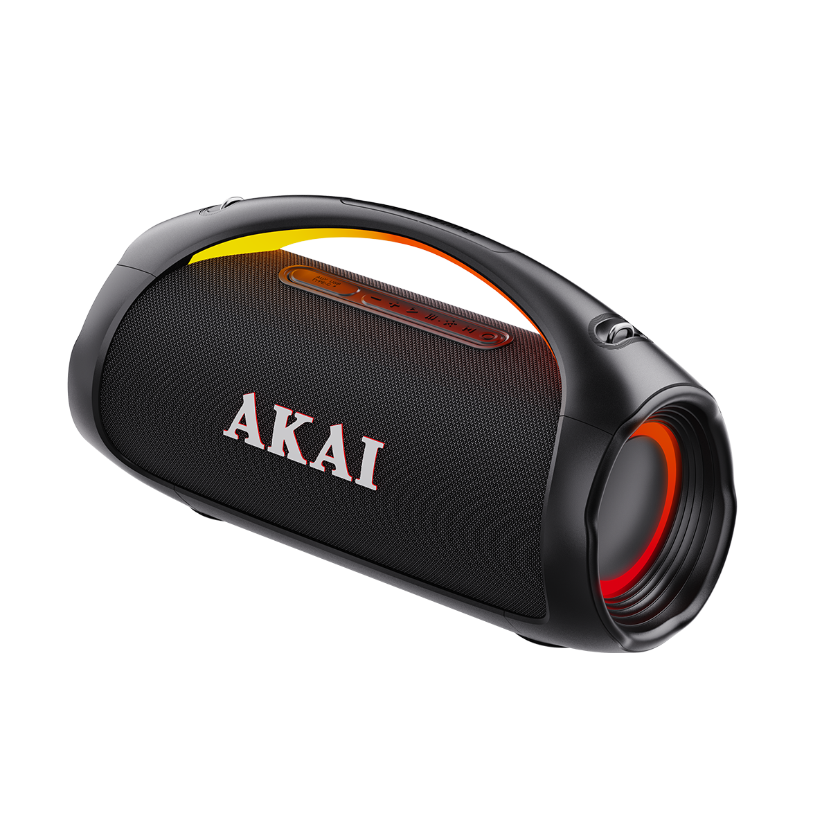 Czarny głośnik Bluetooth Akai z uchwytem i podświetlanymi pierścieniami.