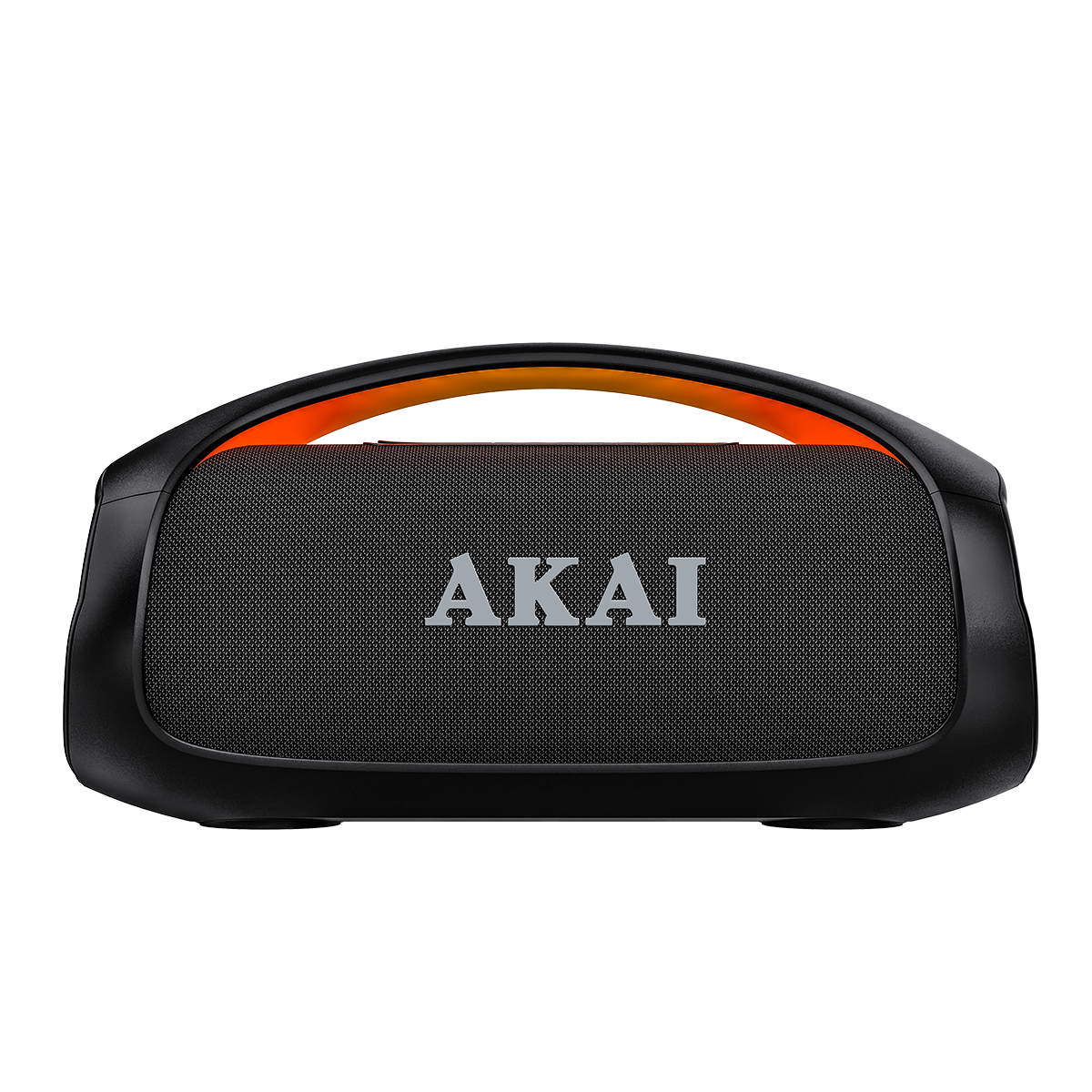 Czarny głośnik Bluetooth AKAI z pomarańczowym uchwytem.