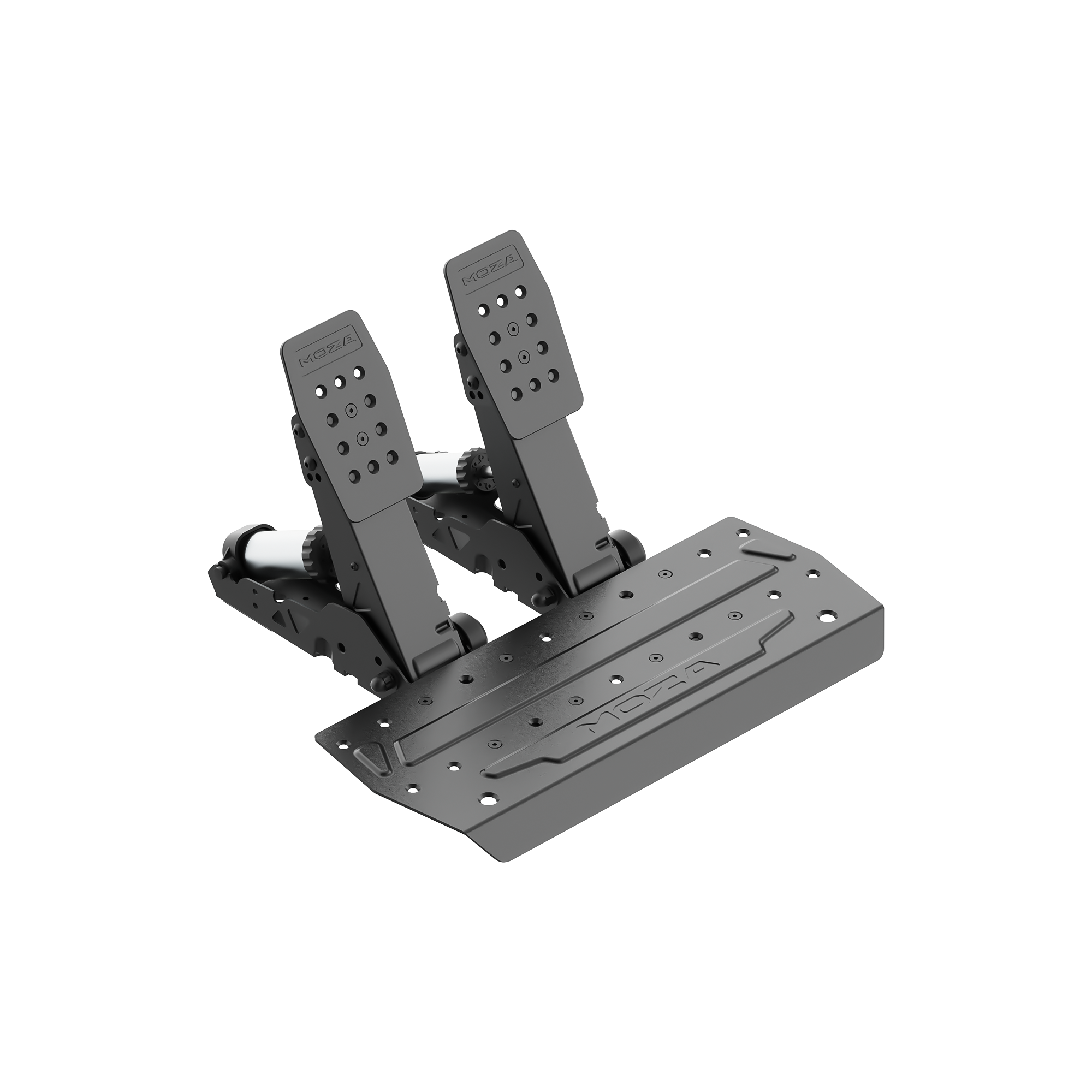 Grijze gaming-pedalenset met twee pedalen en een gattenpatroon.