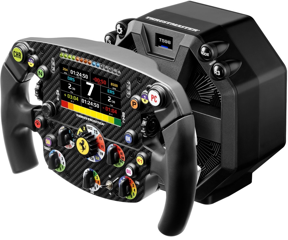 Een zwart race-stuur simulator met LCD-scherm en meerdere knoppen.