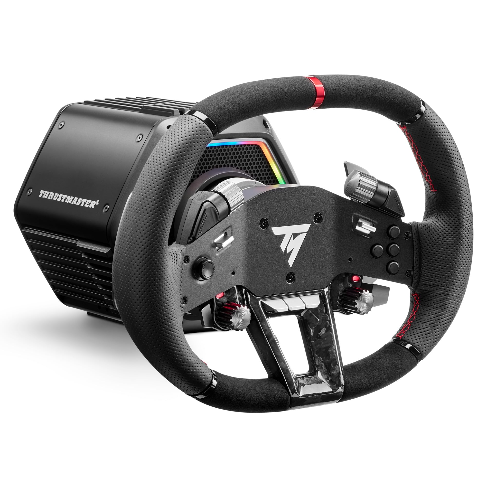 Zwart racestuur met rode stiksels en zilveren accenten, op witte achtergrond.