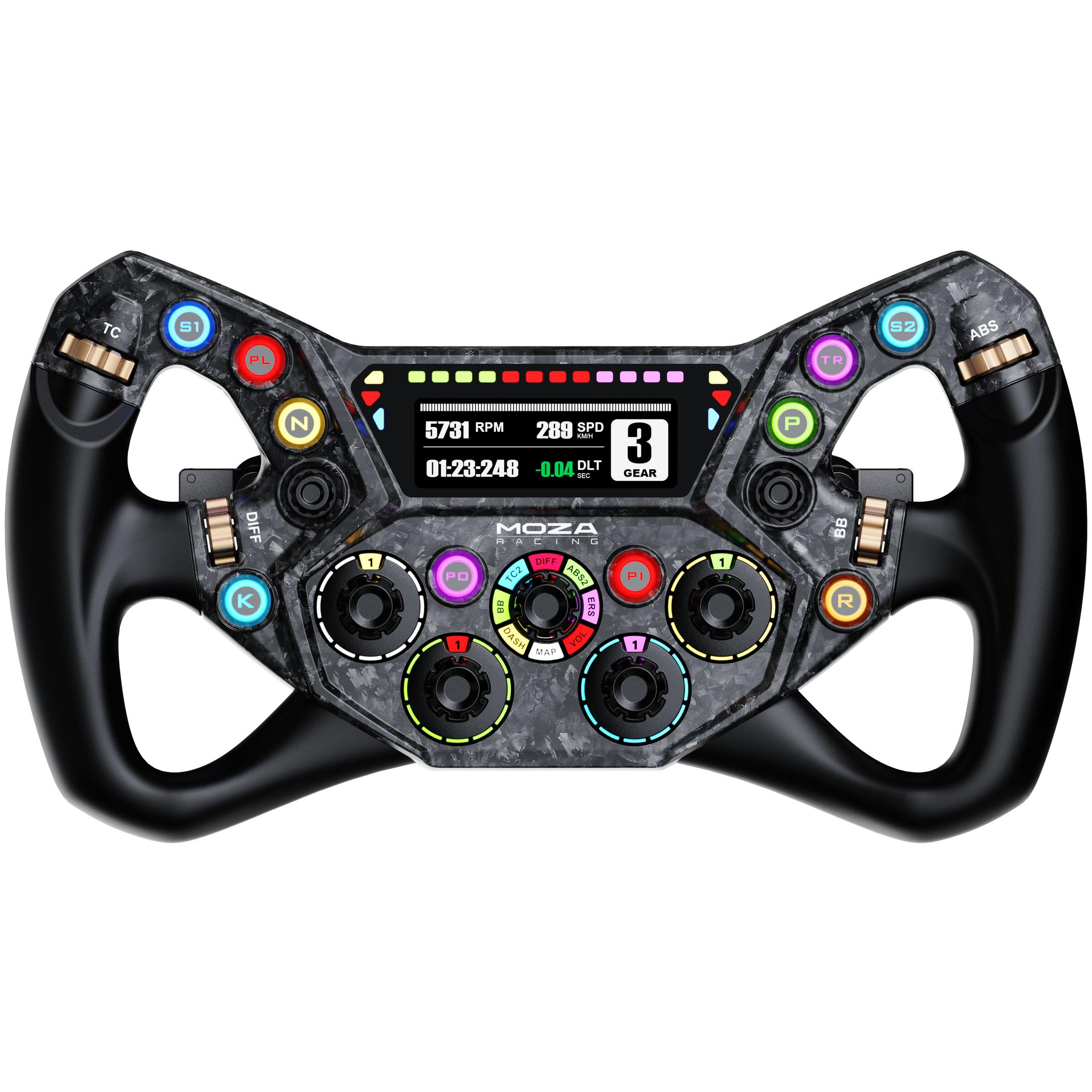 Een zwart racestuur met een digitaal display en veel knoppen.
