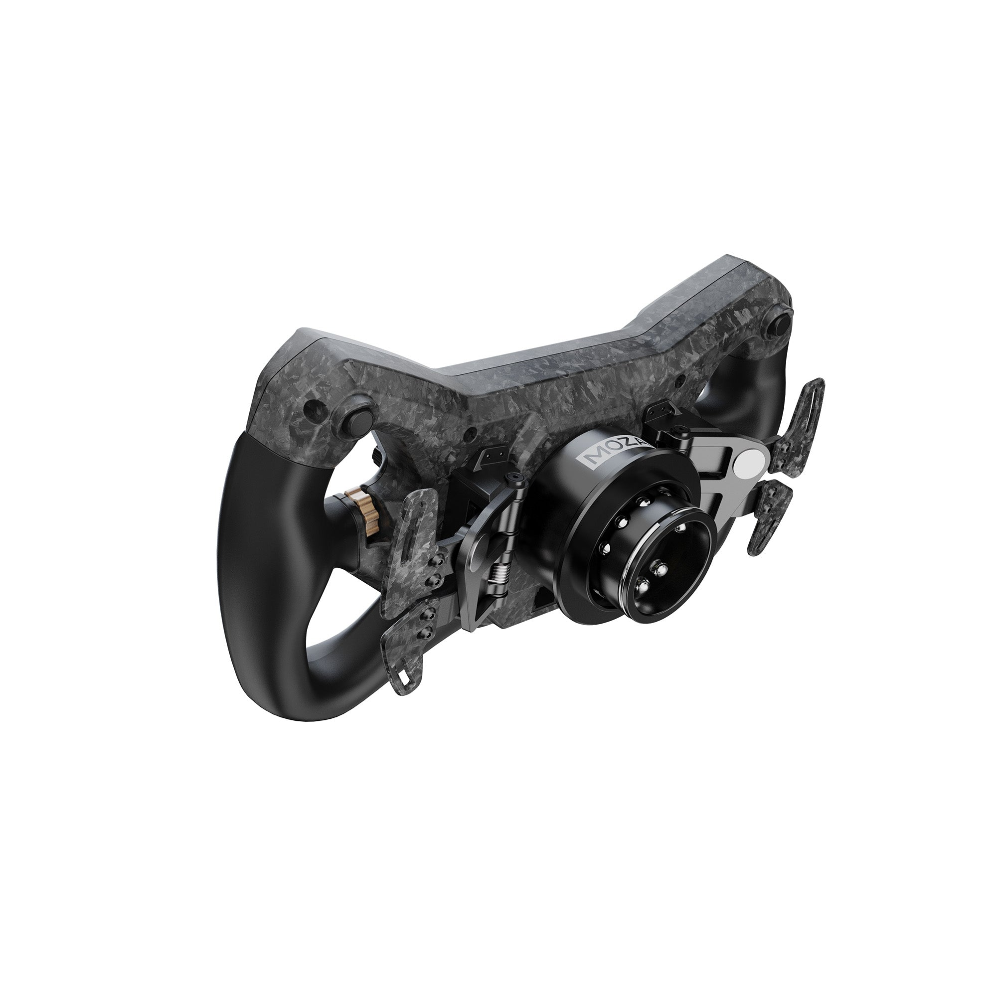 Een zwart race stuur met carbon details en flippers, op een witte achtergrond.