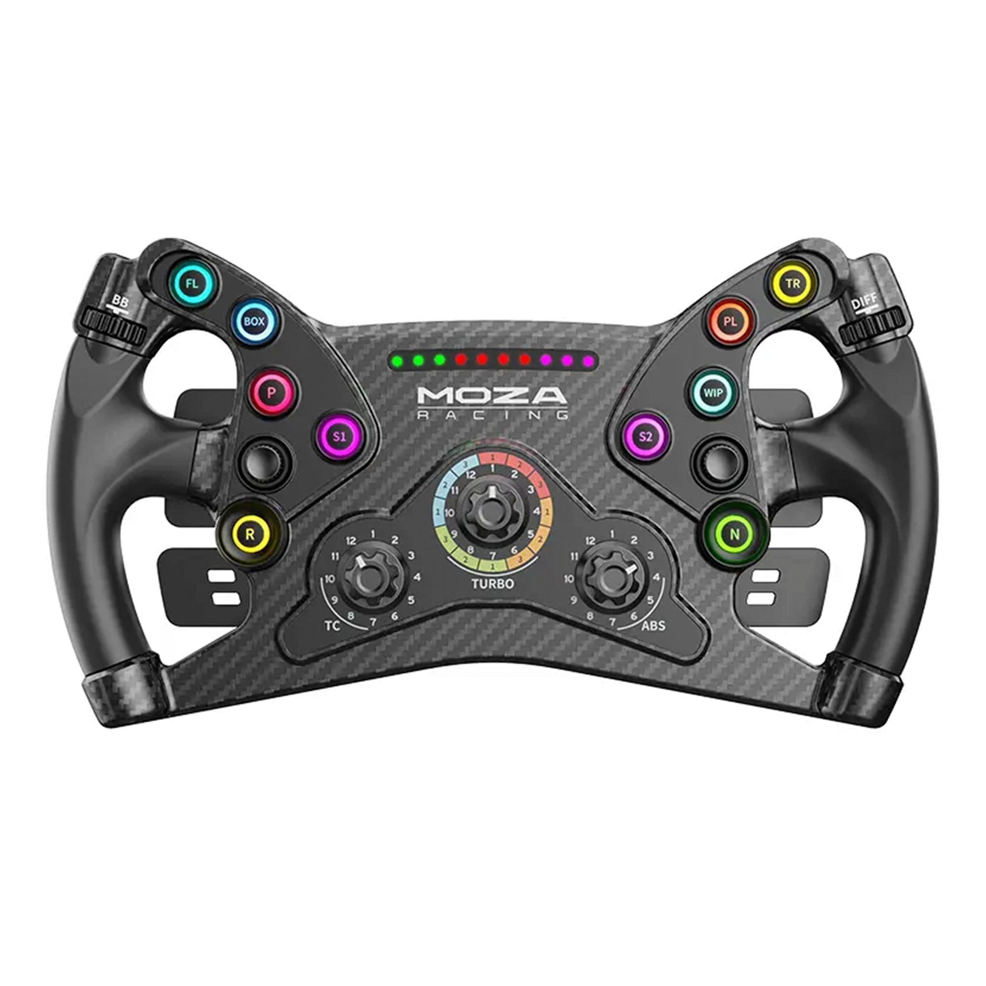 Een zwart racestuur met carbonfiber afwerking, veel gekleurde knoppen en draaiknoppen.