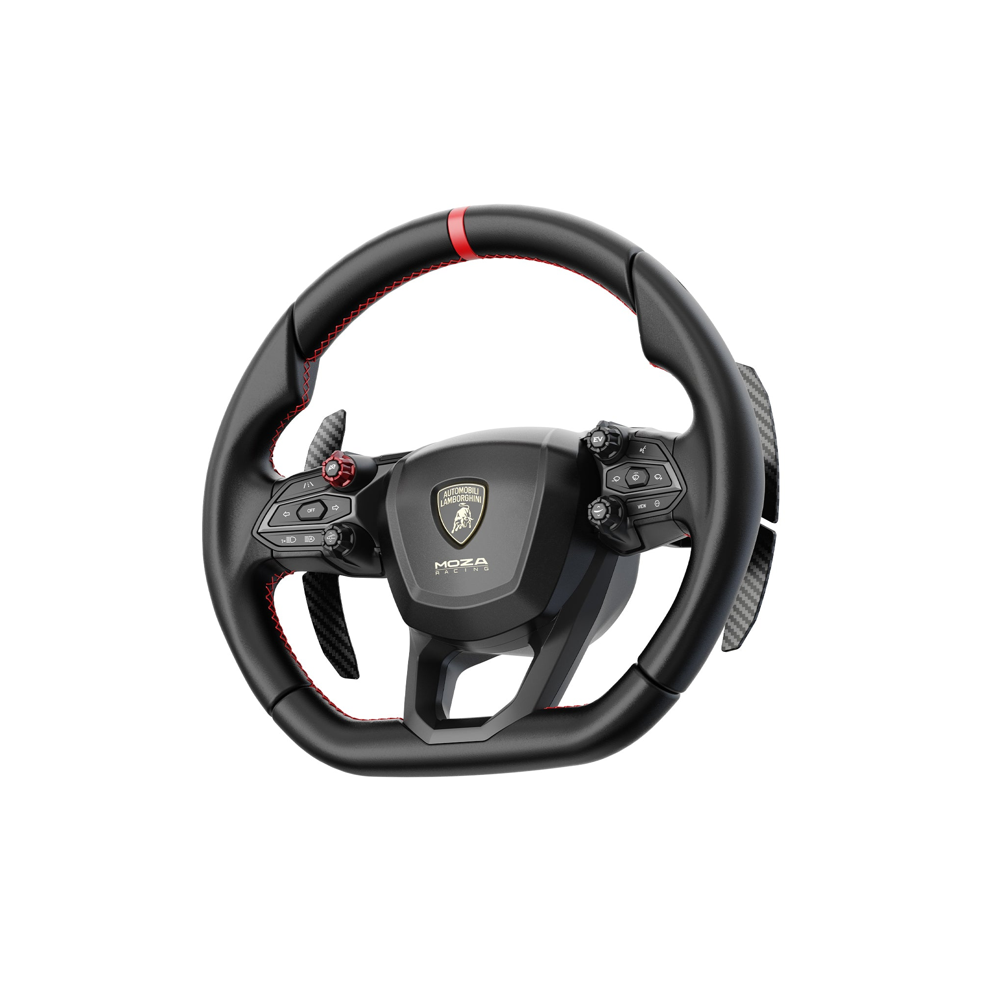 Zwart stuur met rode stiksels, Lamborghini logo en pookjes.