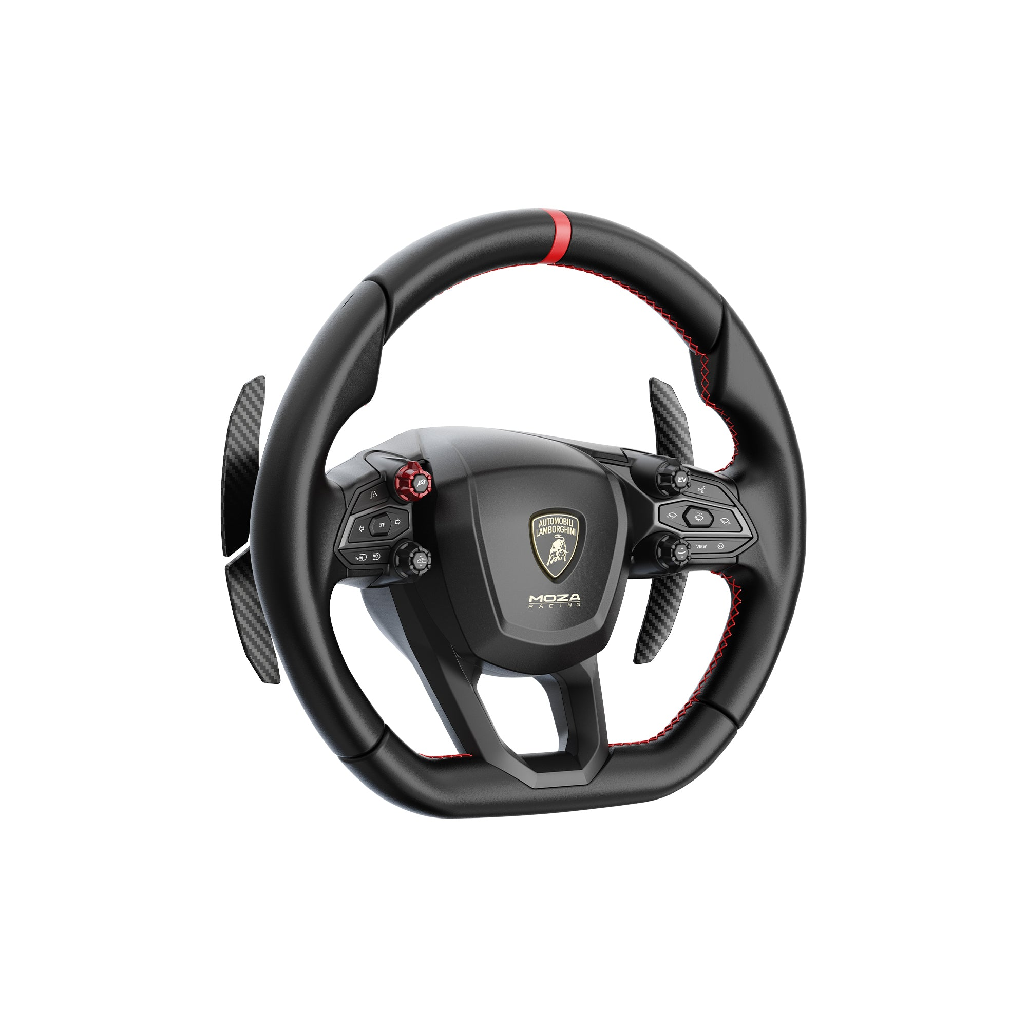 Een zwart stuur met rode stiksels, Lamborghini-logo en carbon pookjes.