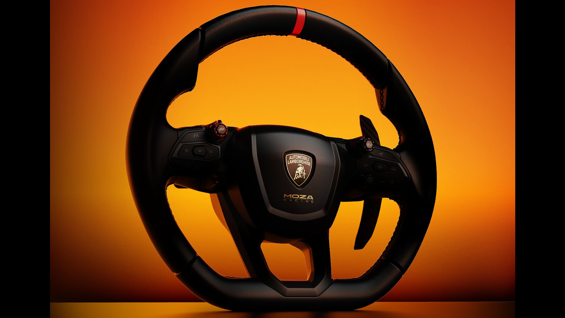 Een zwart Lamborghini racestuur met rode accenten tegen een oranje gradiënt achtergrond.