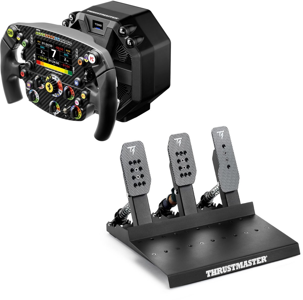 Een Thrustmaster racestuur, basis en pedaalset op witte achtergrond.
