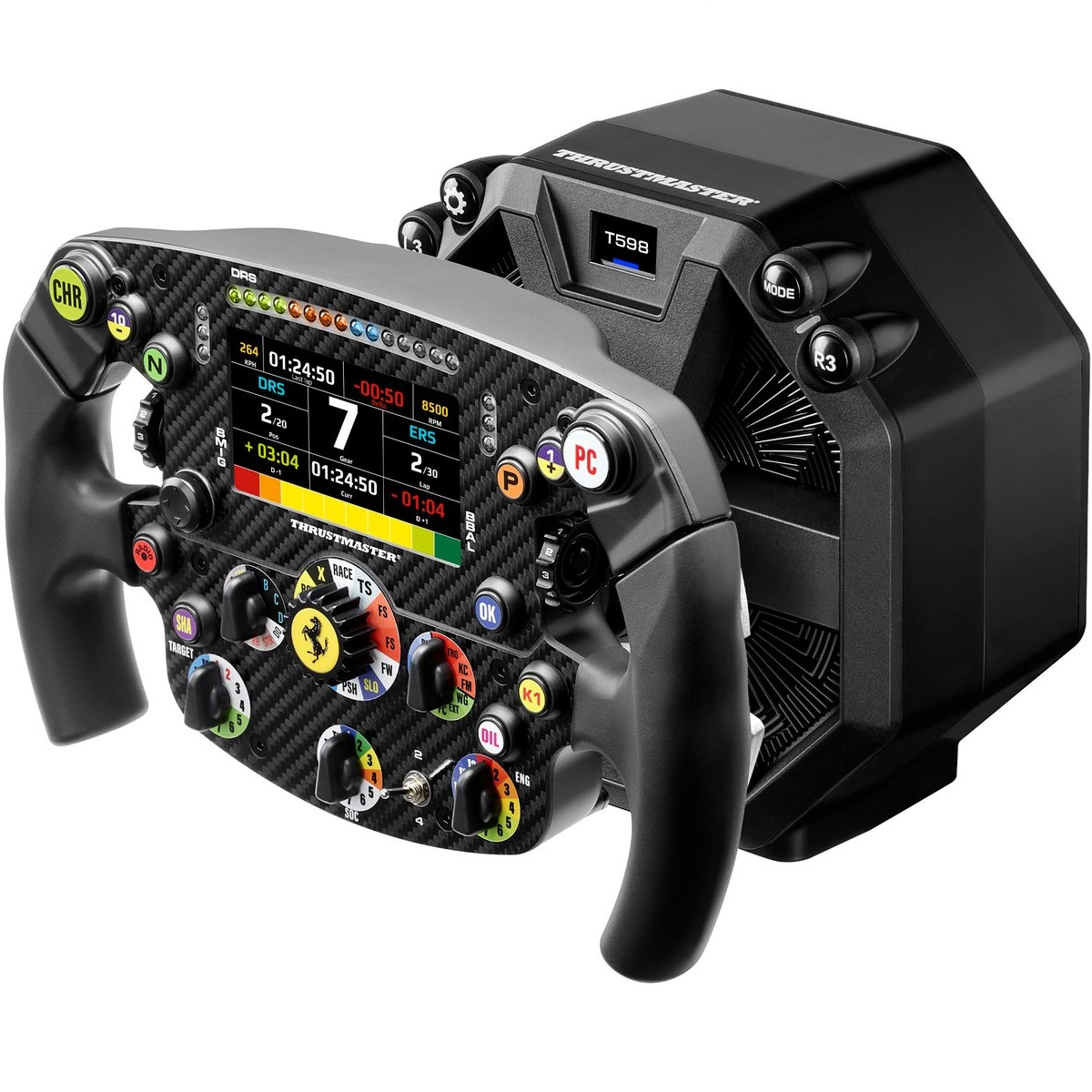 Een zwart racestuur met digitaal display en veel knoppen.