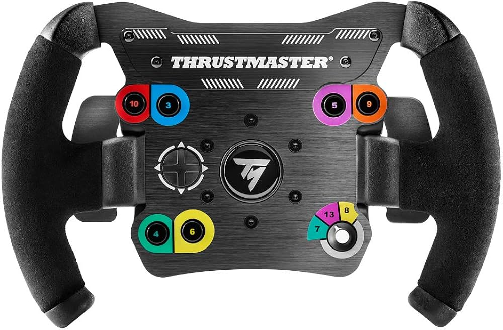 Volante da gaming nero con pulsanti colorati numerati e logo Thrustmaster.