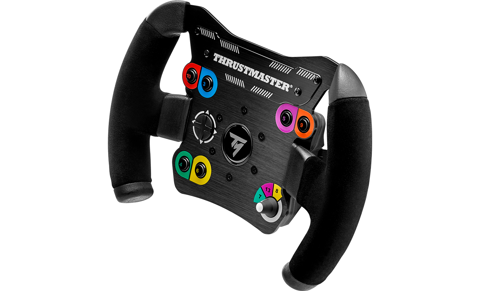 Un volante da corsa nero con pulsanti colorati numerati e il logo Thrustmaster.