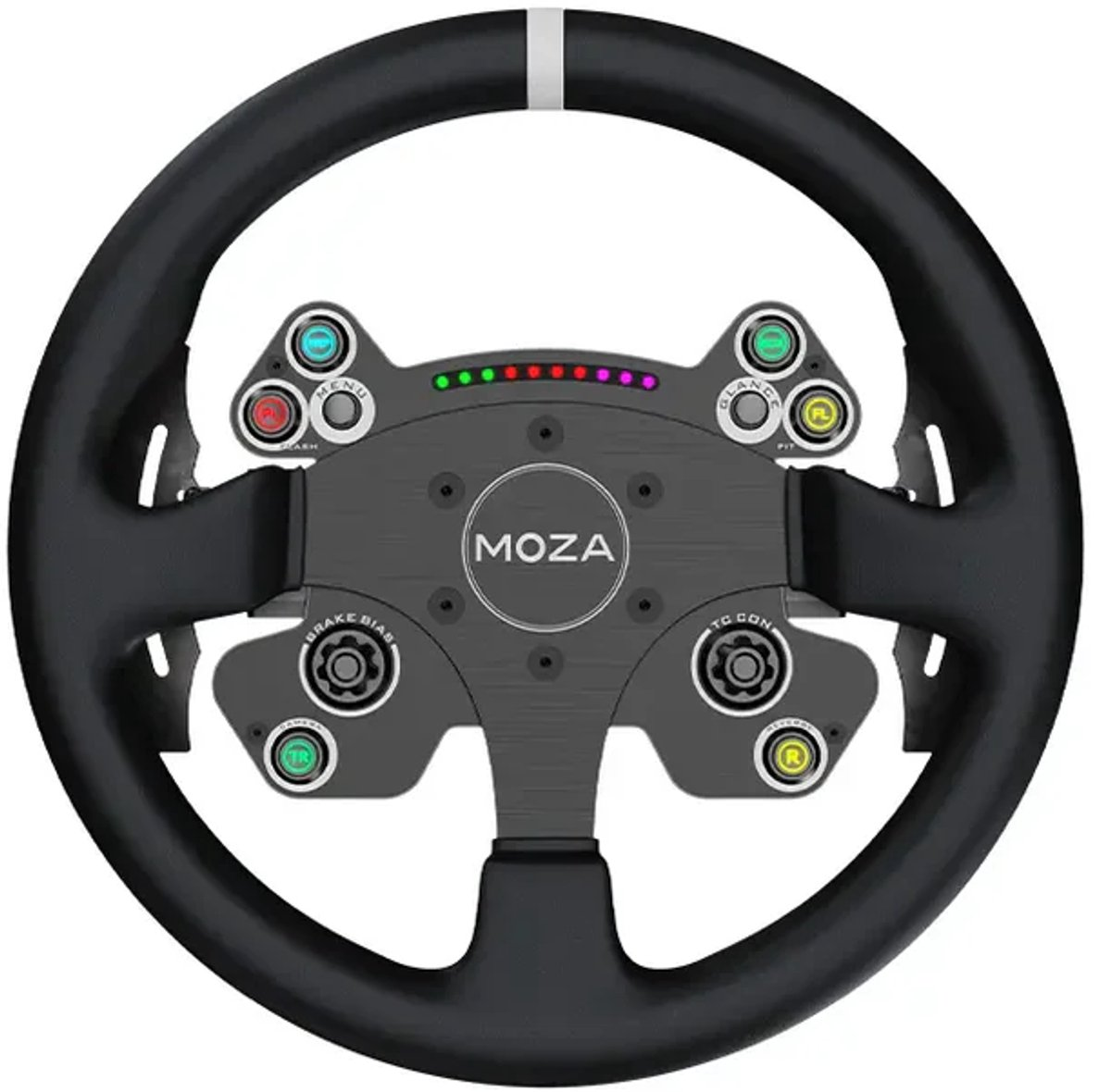 Een zwart race stuur met zilveren streep, MOZA logo en vele knoppen.