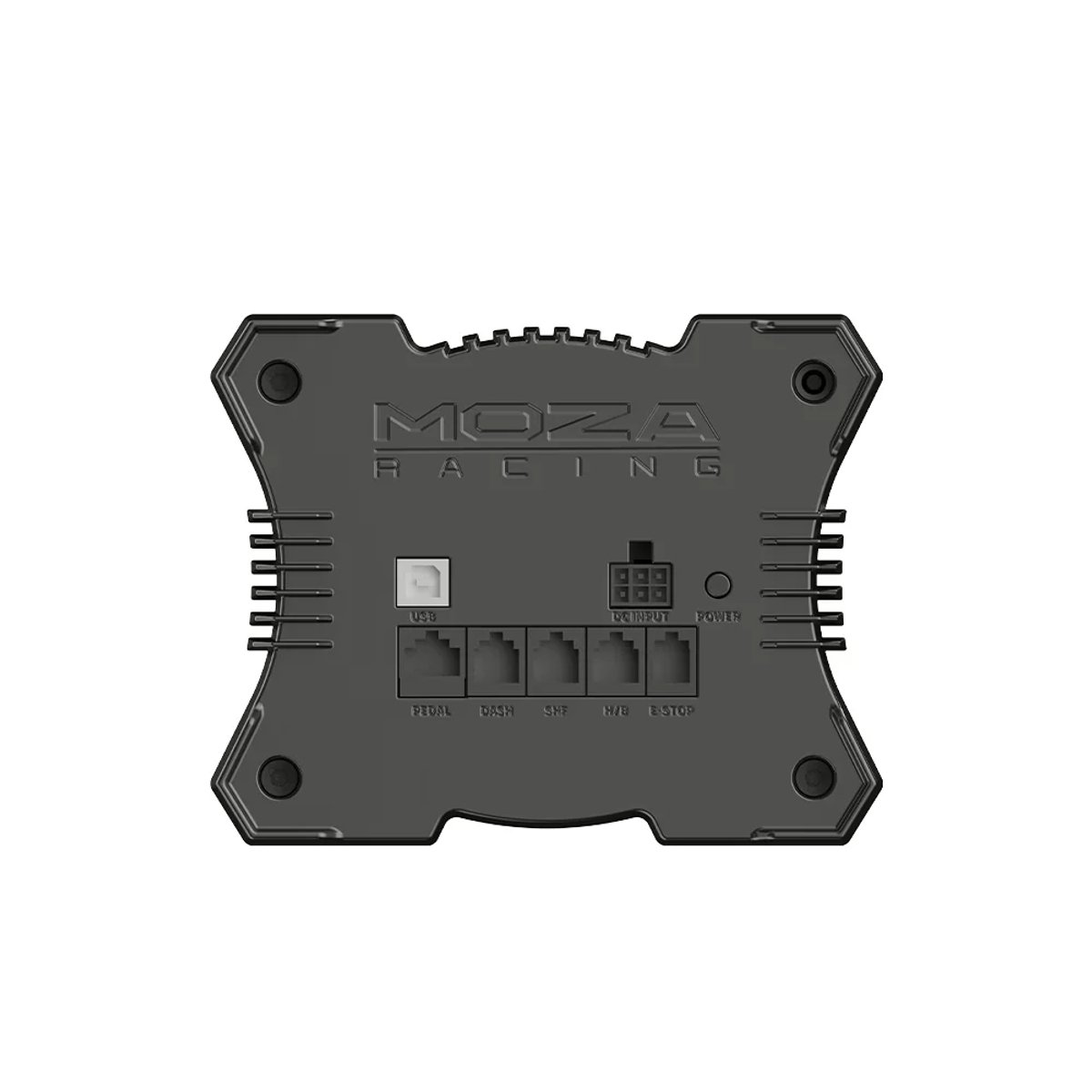 Achterkant van een zwarte Moza Racing controller met USB-, DC-ingang en stroompoorten.