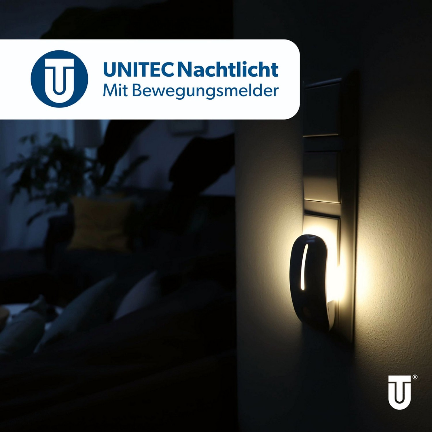 Ein UNITEC Nachtlicht mit Bewegungsmelder leuchtet hell an einer Wand.