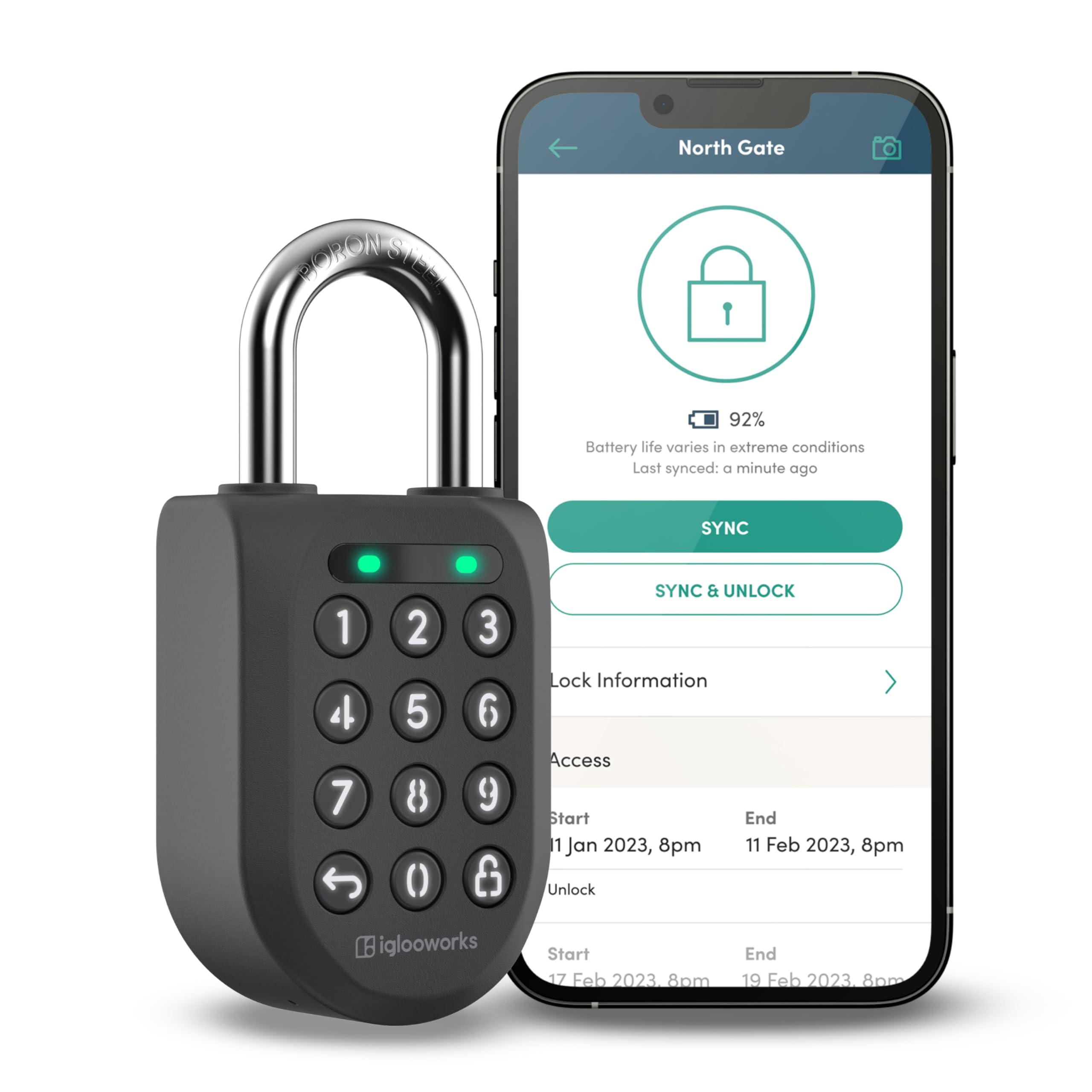 Un lucchetto grigio accanto a uno smartphone che visualizza un'app con informazioni sul blocco.