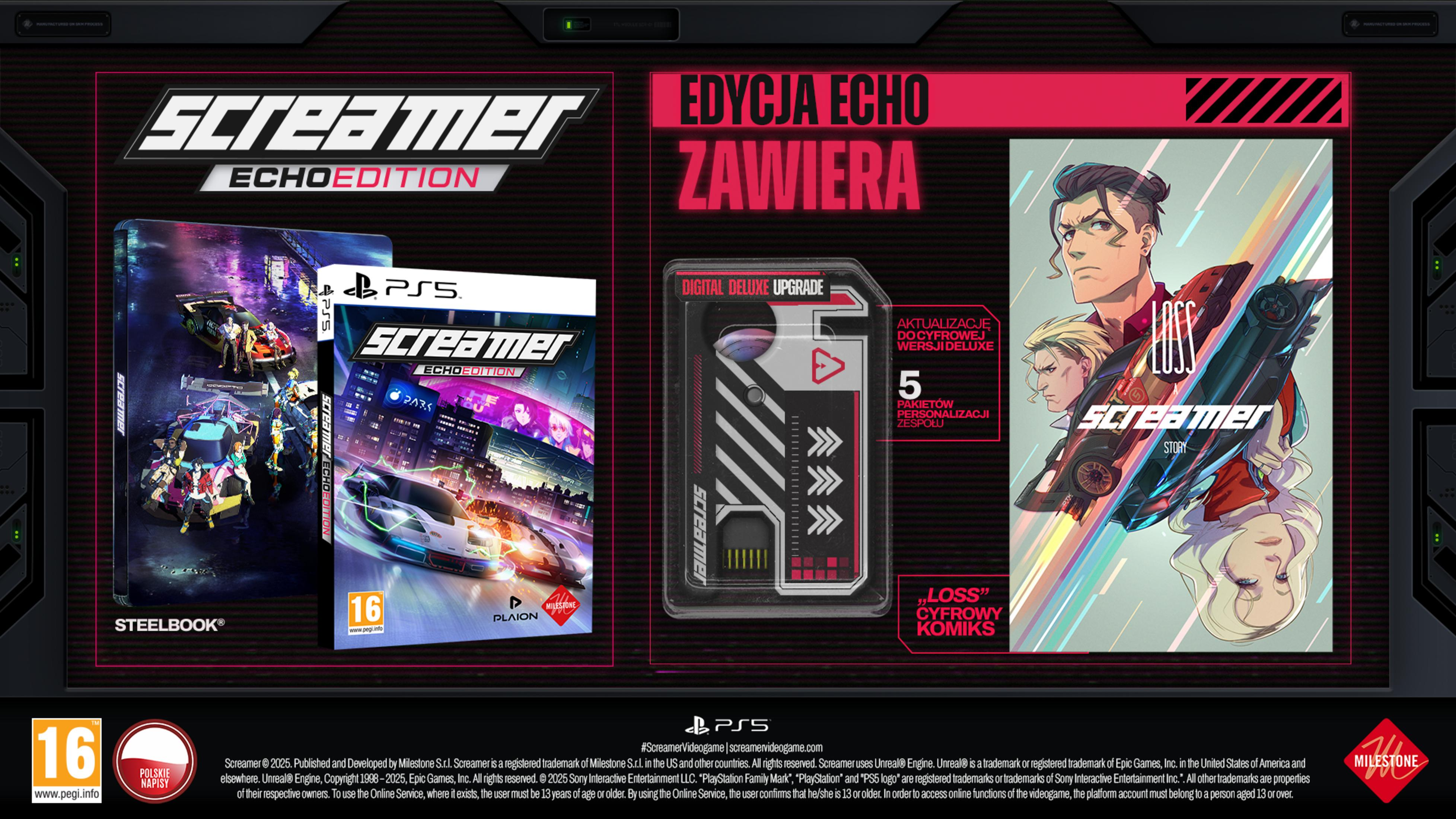 Screamer Echo Edition PS5 Steelbook, Gioco, Aggiornamento Digitale Deluxe e Fumetto.