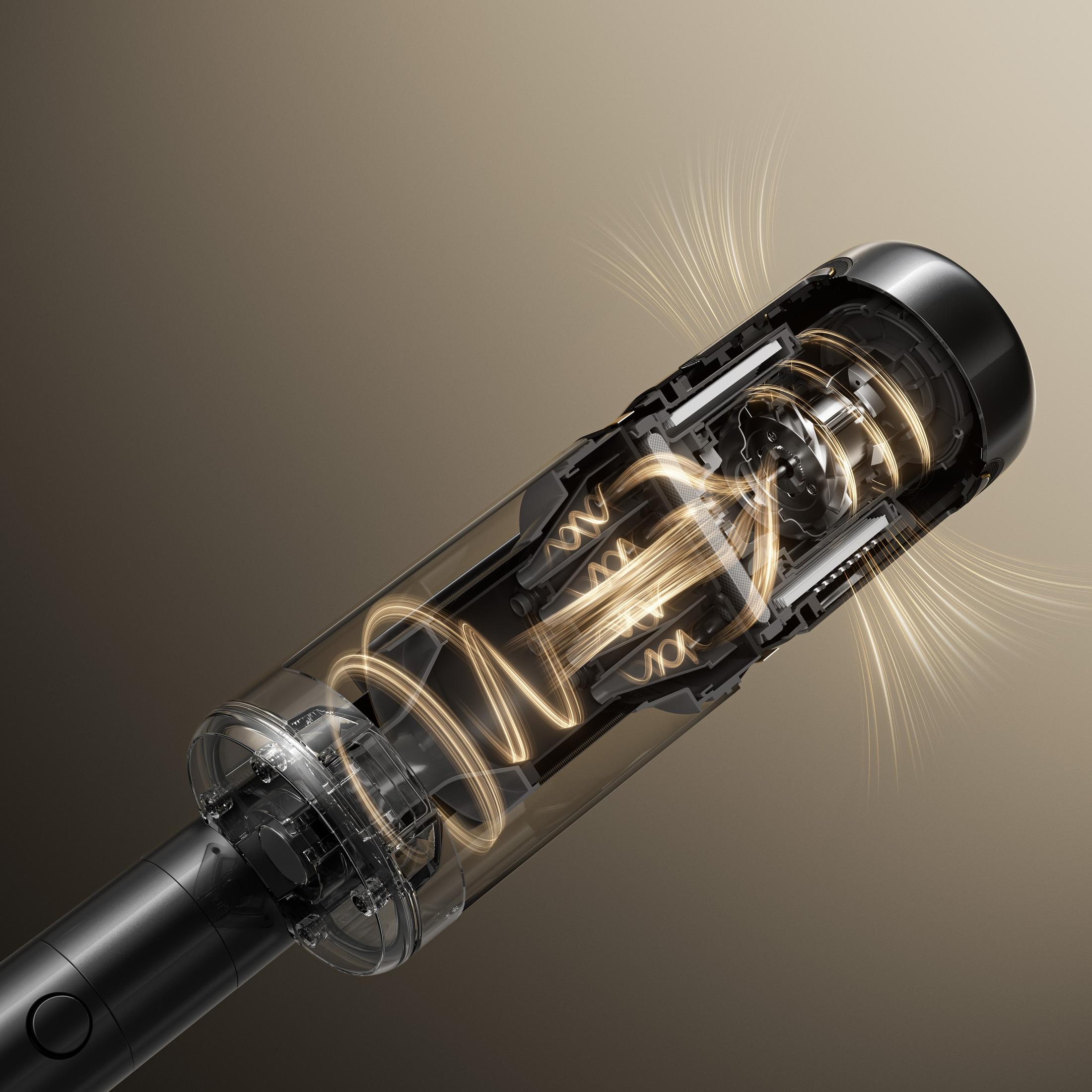Przezroczysty cylinder odkurzacza pokazuje jego wewnętrzną mechanikę i złote wiry powietrza.