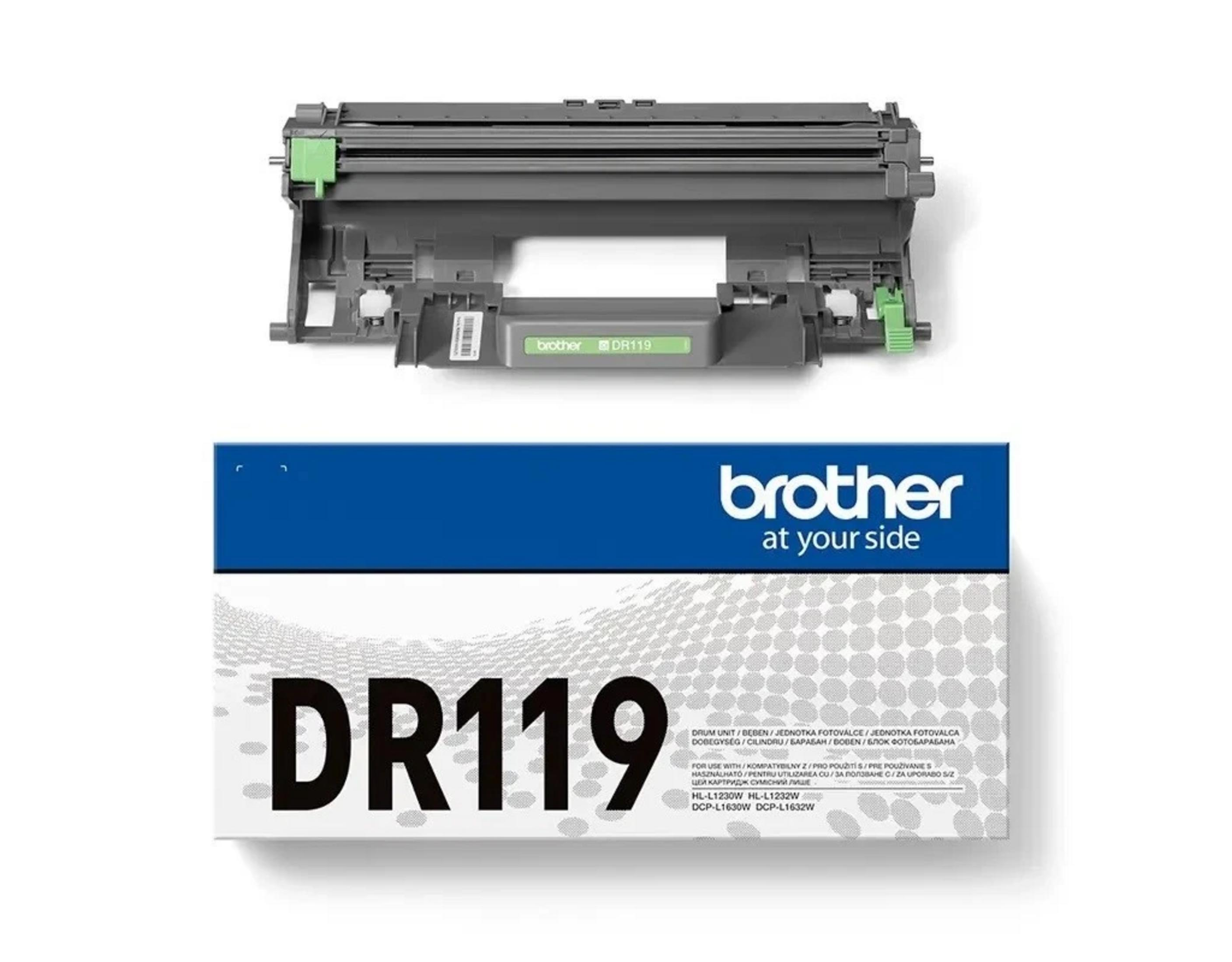 Unità tamburo Brother DR119 nera con accenti verdi e grigi.