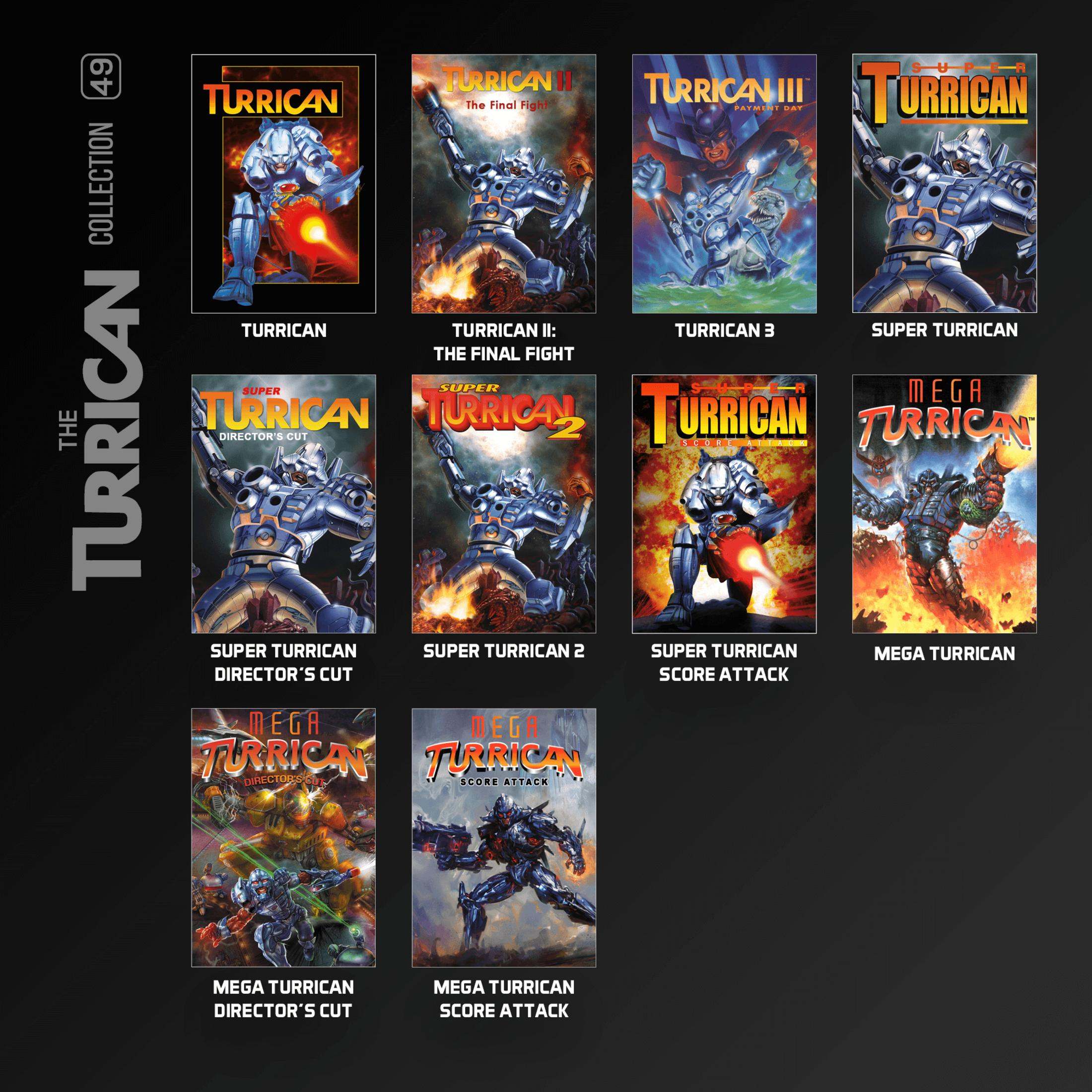 Un collage de portadas de videojuegos con el robot Turrican en varias poses y escenarios.