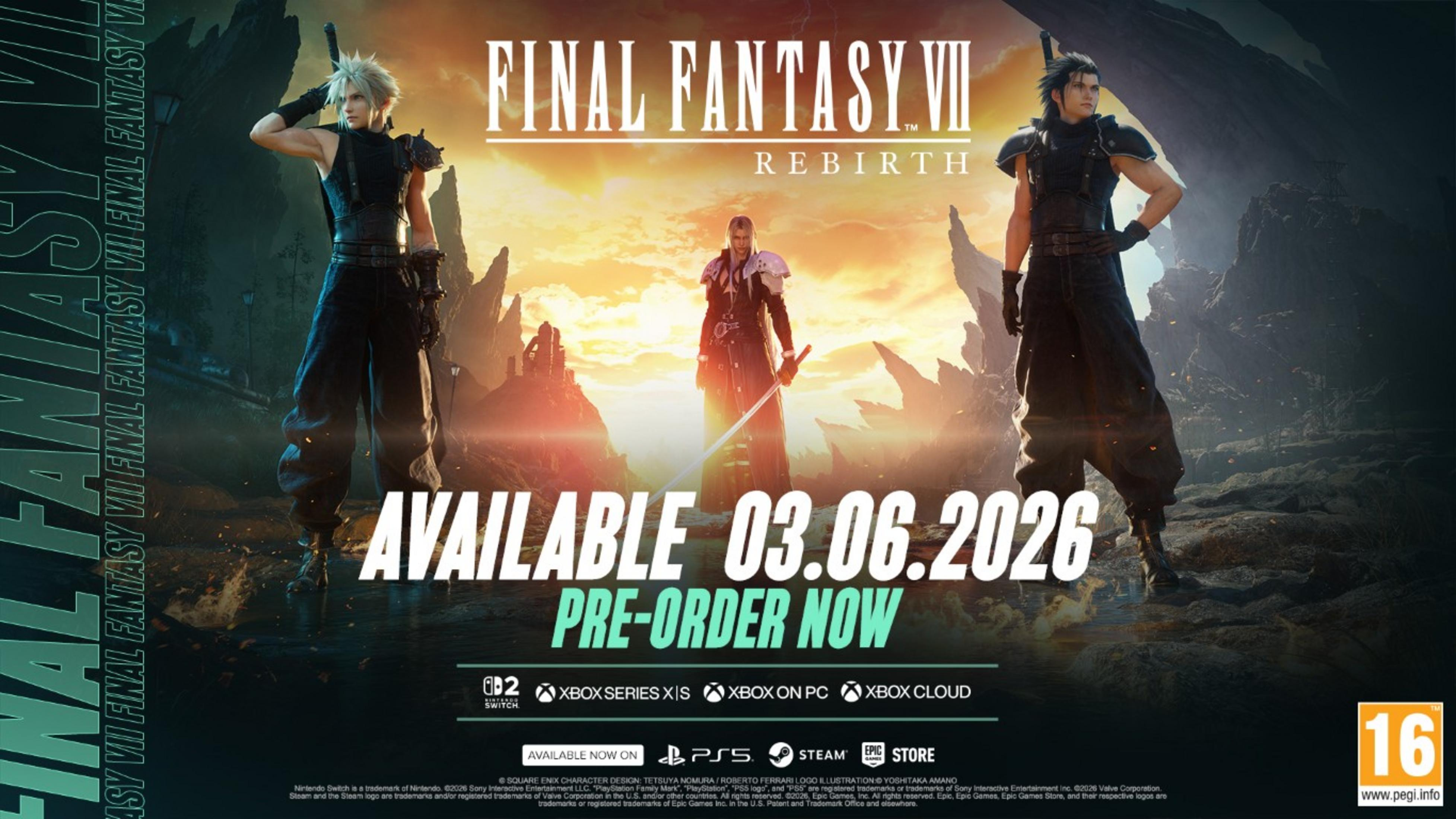 Poster di Final Fantasy VII Rebirth con Cloud, Sephiroth e Zack. Uscita: 03.06.2026