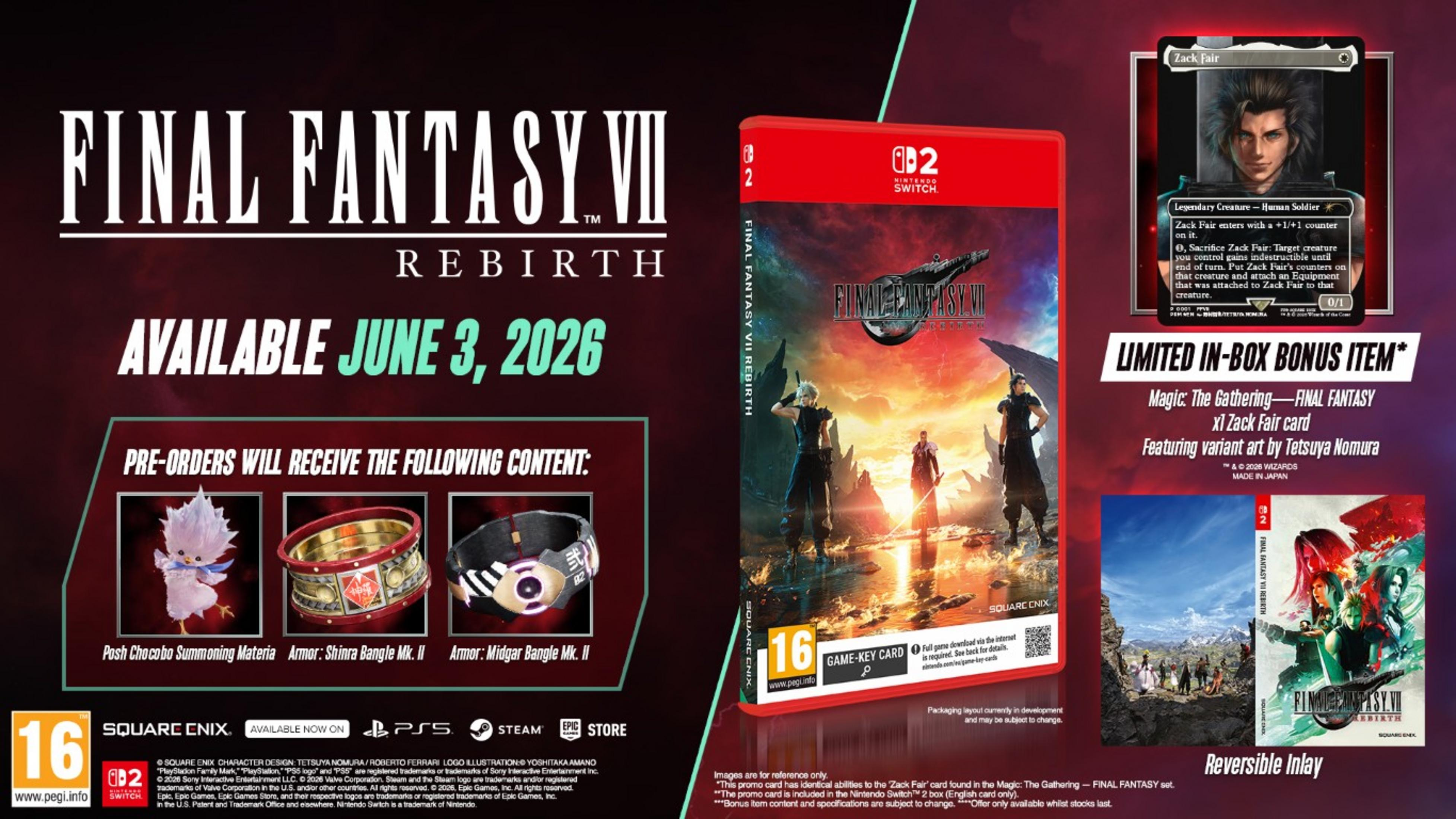 Annuncio Final Fantasy VII Rebirth con copertina gioco, oggetti bonus e dettaglio carta Magic.