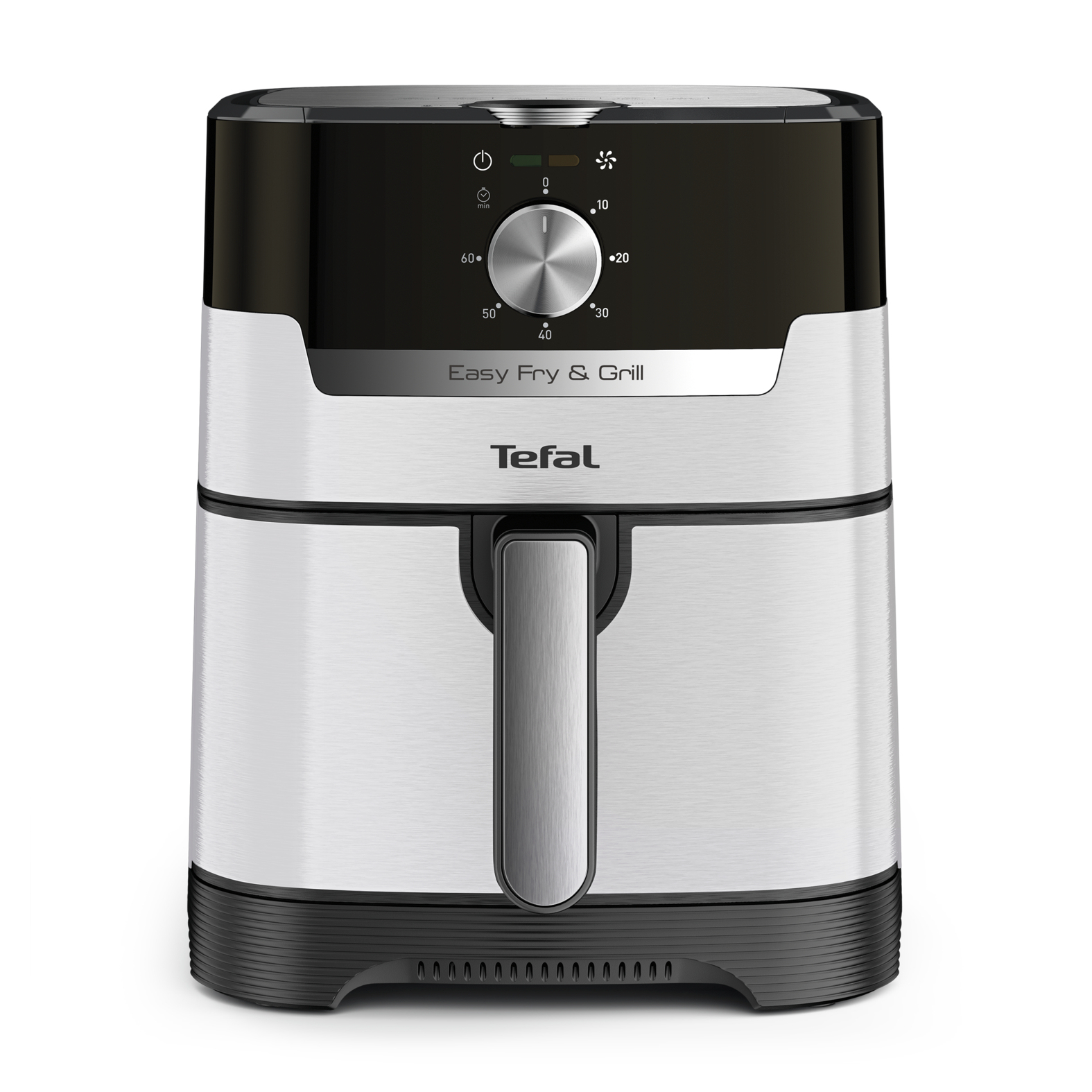 Una friggitrice ad aria Tefal argento e nera con quadrante timer.
