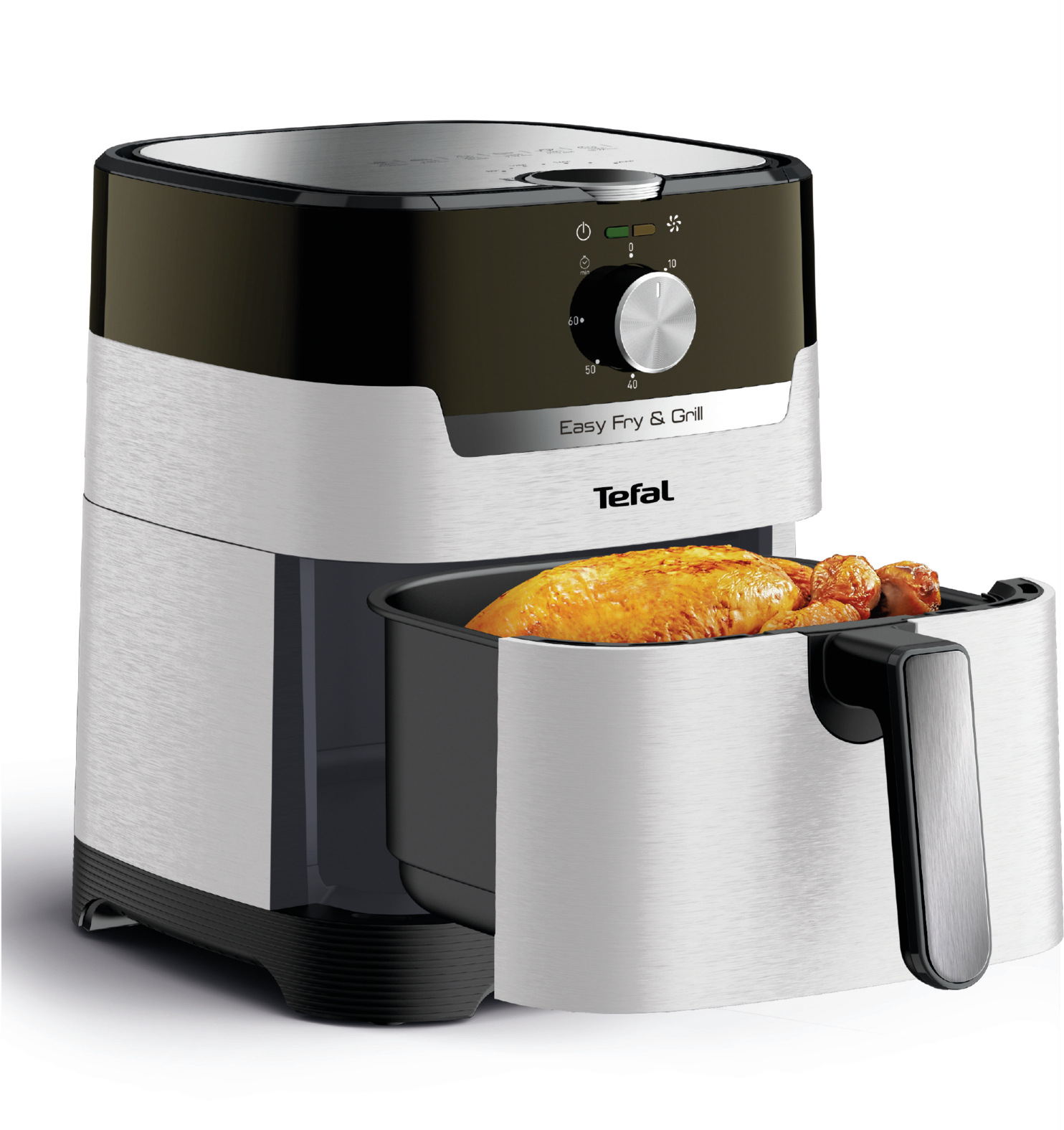 Una friggitrice ad aria Tefal con mezzo pollo e ali nel cestello.