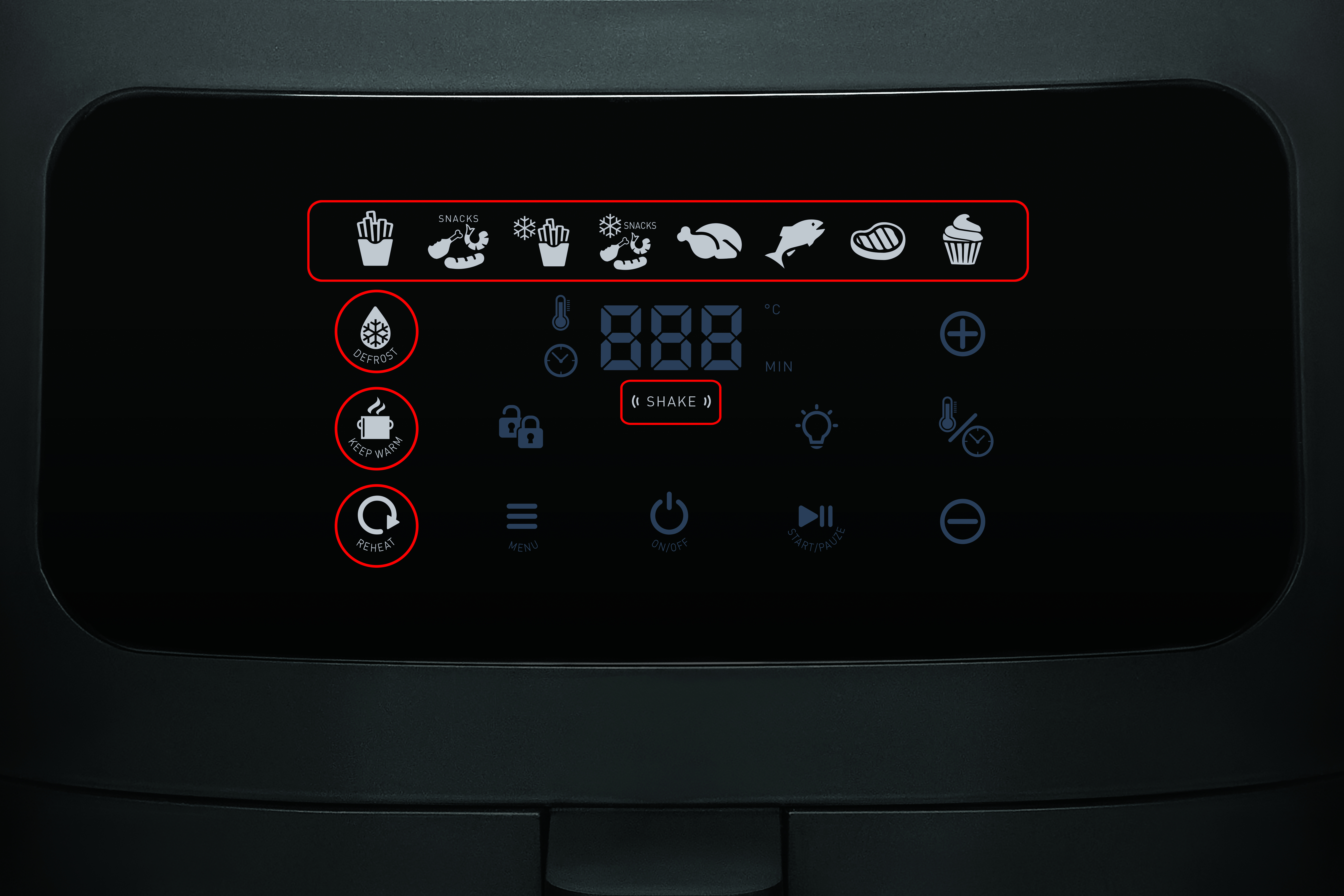 Display digitale di un apparecchio nero con icone per cibo, tempo e temperatura.