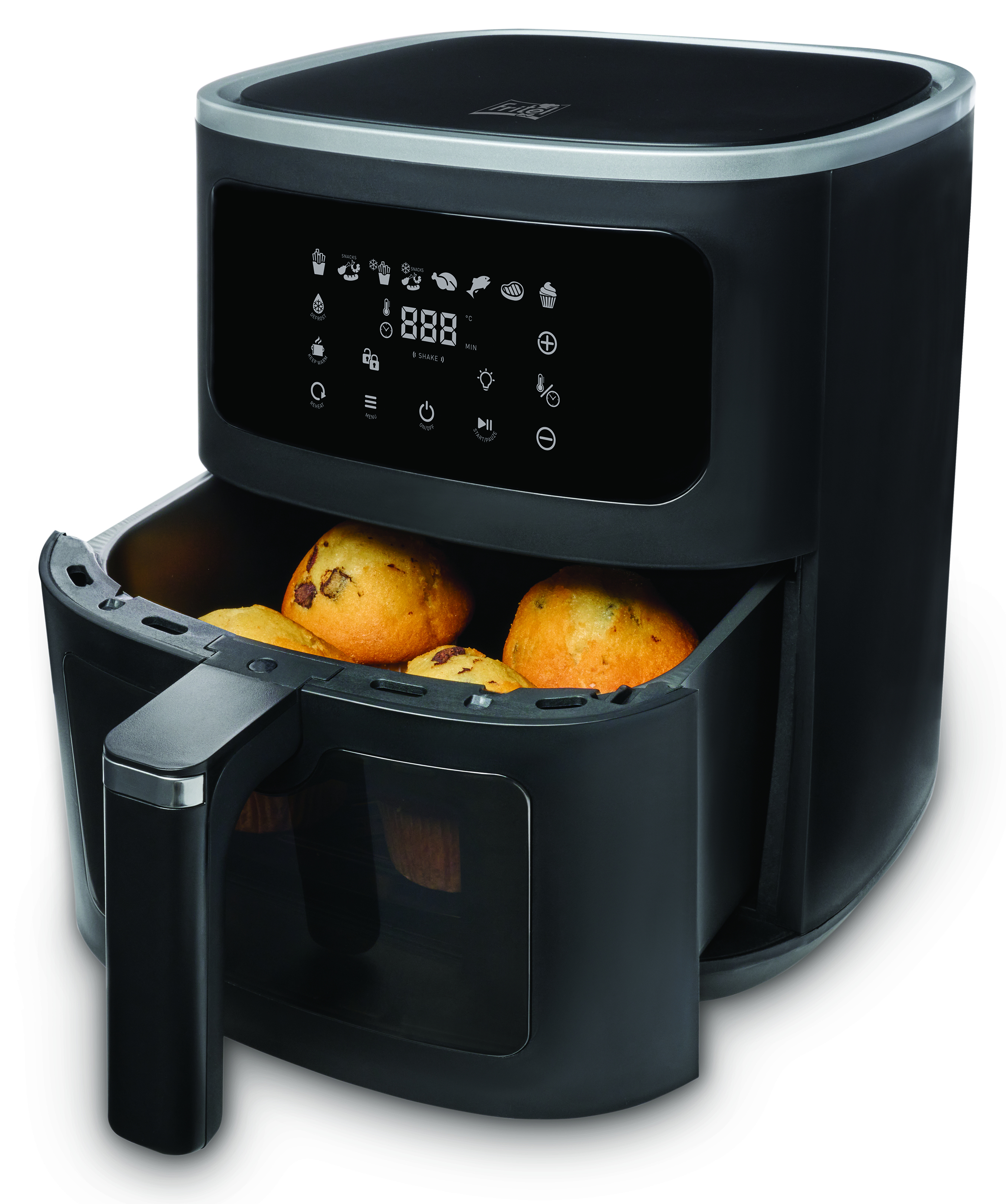 Friggitrice ad aria nera con cestello aperto pieno di muffin e display digitale.
