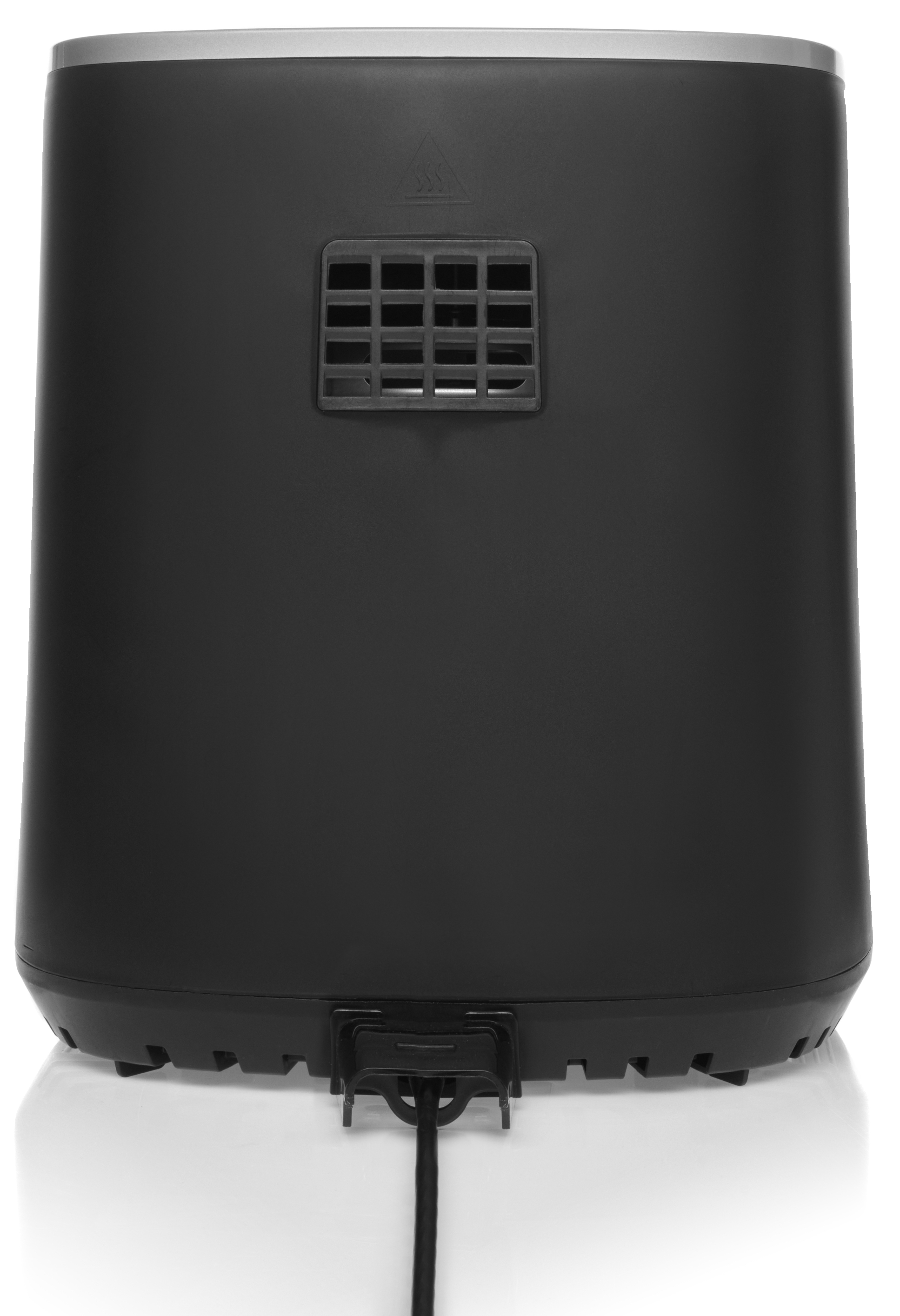 Base nera per friggitrice ad aria con fessure di ventilazione e porta cavo.