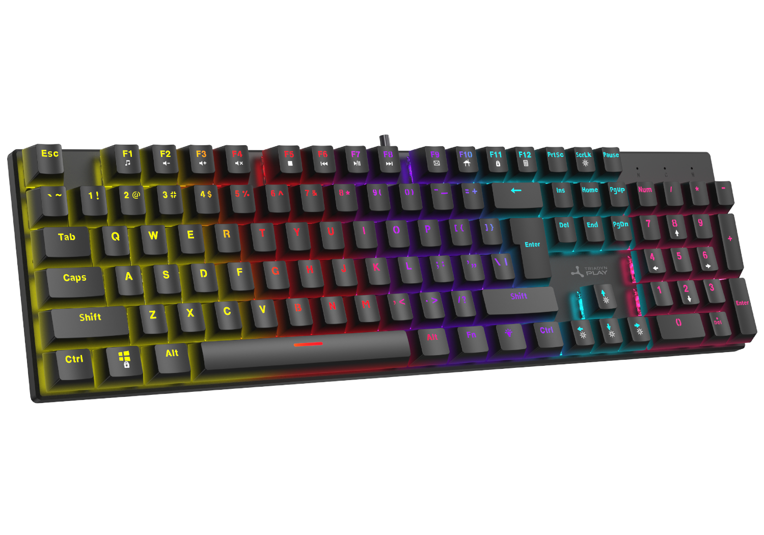 Czarna klawiatura gamingowa z podświetleniem RGB i żółtymi, fioletowymi i różowymi klawiszami.