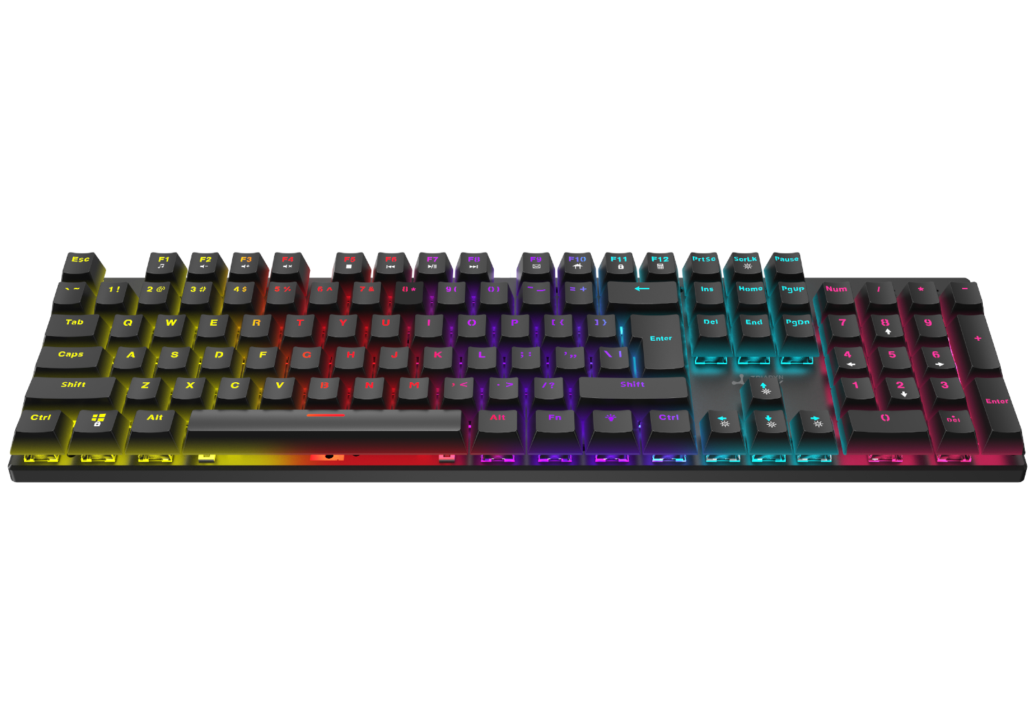 Czarna klawiatura mechaniczna z oświetleniem RGB na klawiszach i podstawie.