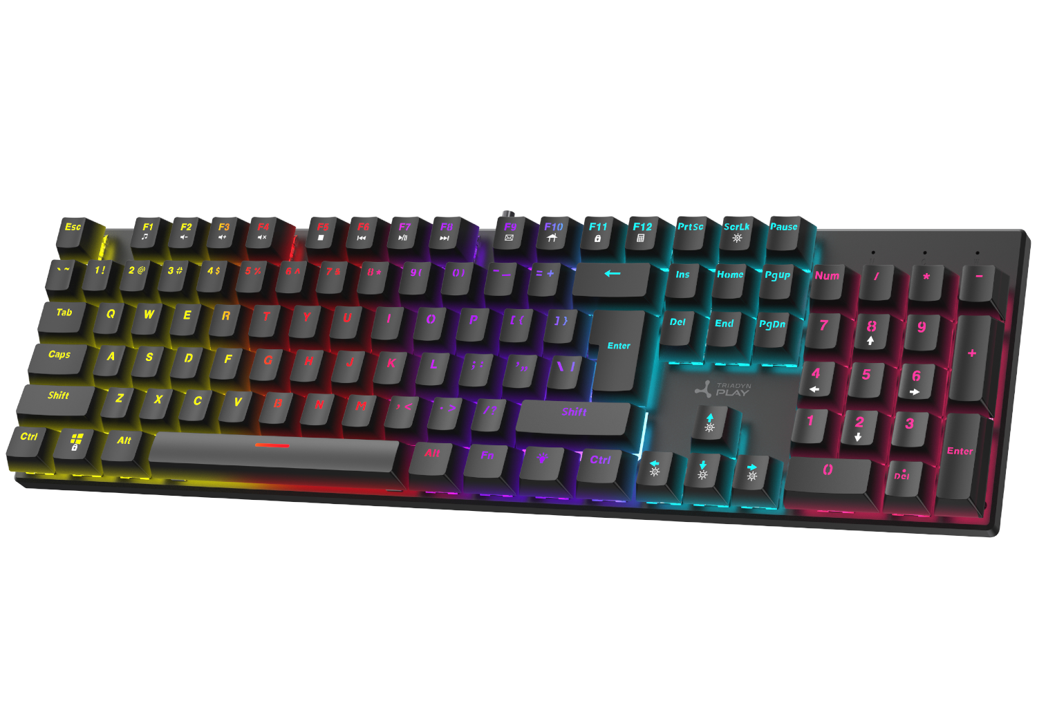 Czarna klawiatura z podświetleniem RGB przechodzącym od żółtego do czerwonego od lewej do prawej.