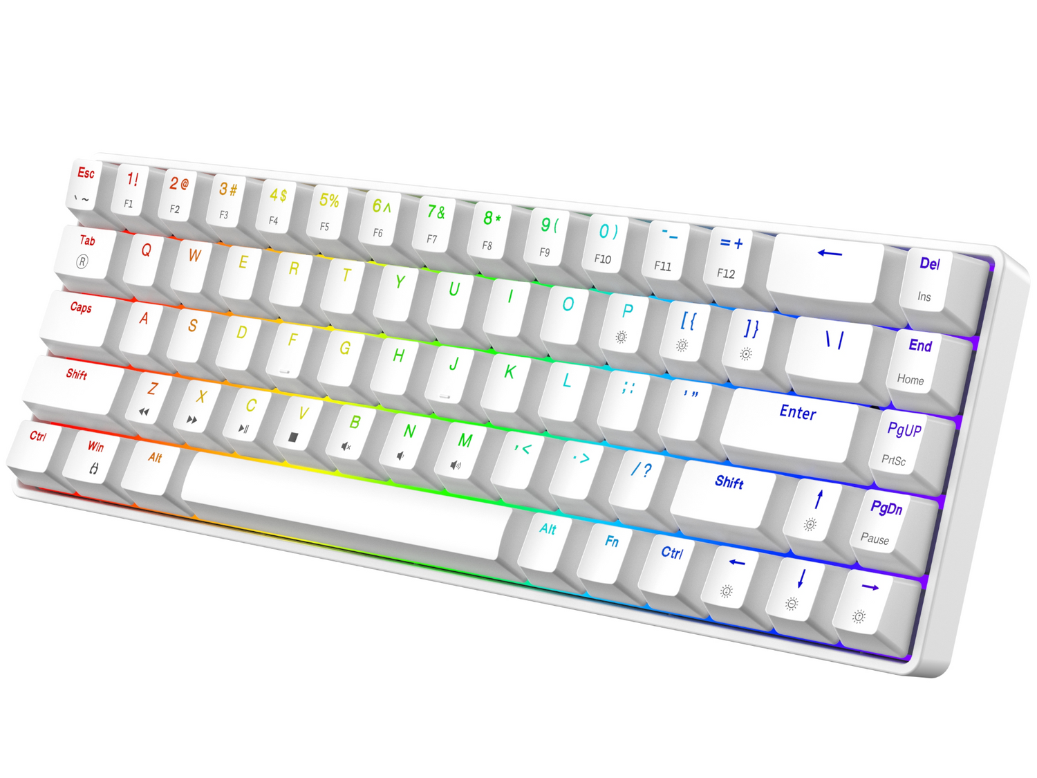 Biała klawiatura mechaniczna z tęczowym podświetleniem RGB, nachylona na białej powierzchni.