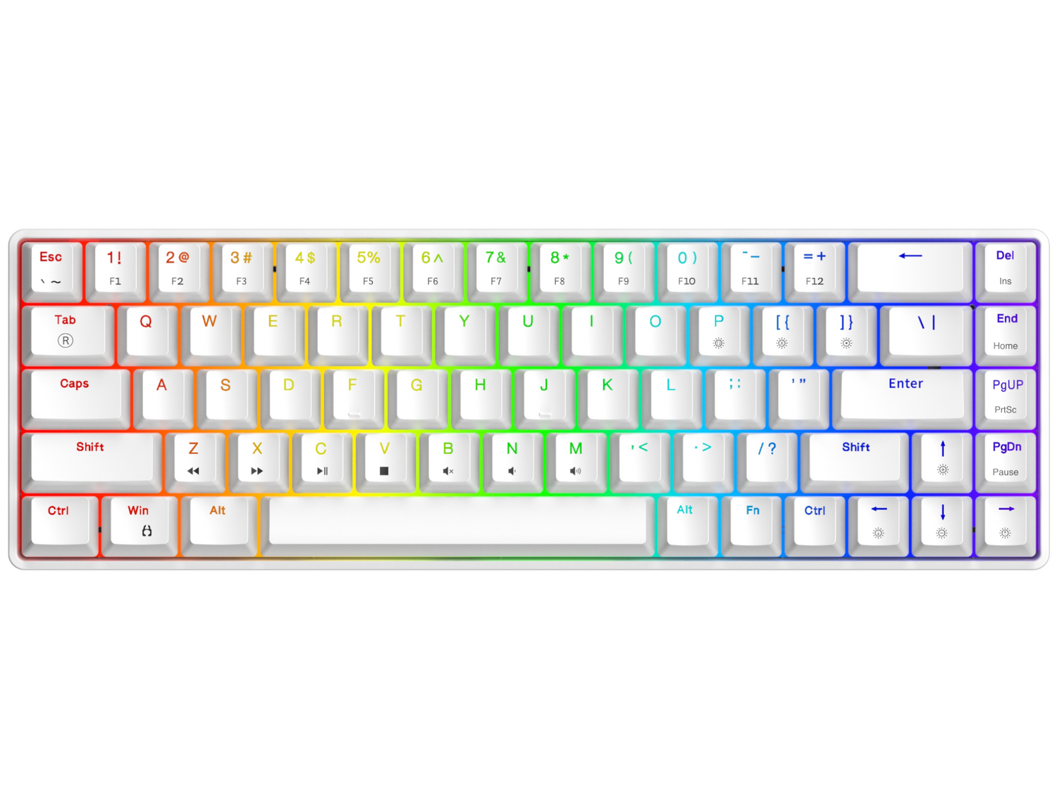 Biała klawiatura mechaniczna z podświetleniem RGB na klawiszach.