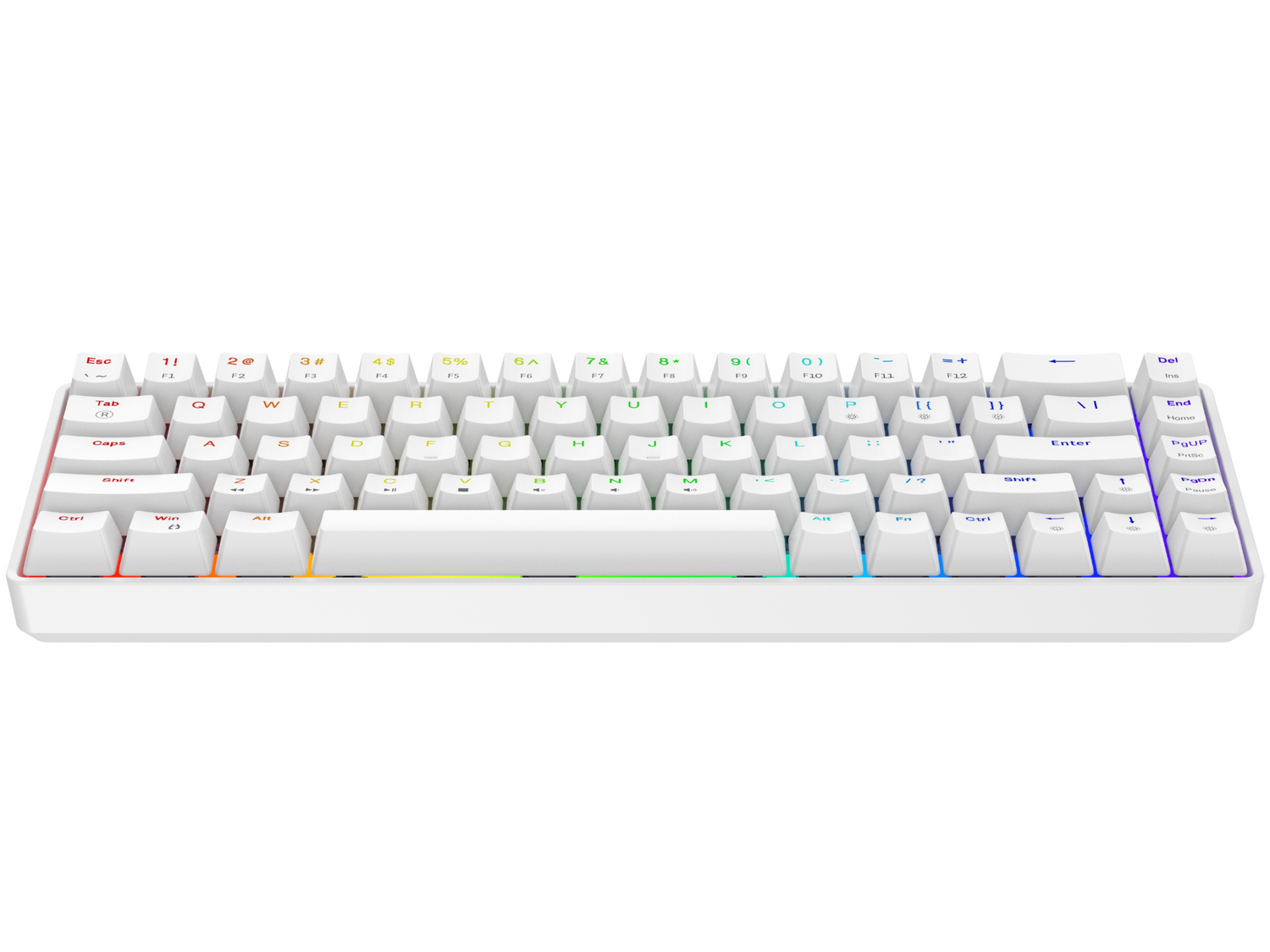 Biała klawiatura z podświetleniem RGB na dolnej krawędzi.