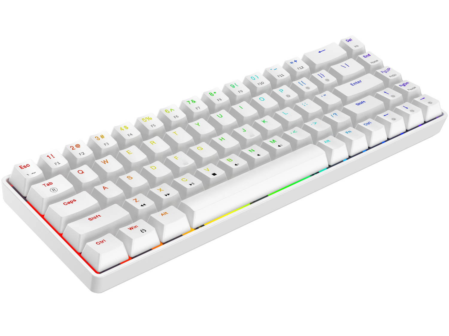 Biała, kompaktowa klawiatura mechaniczna z podświetleniem RGB na dolnej krawędzi.