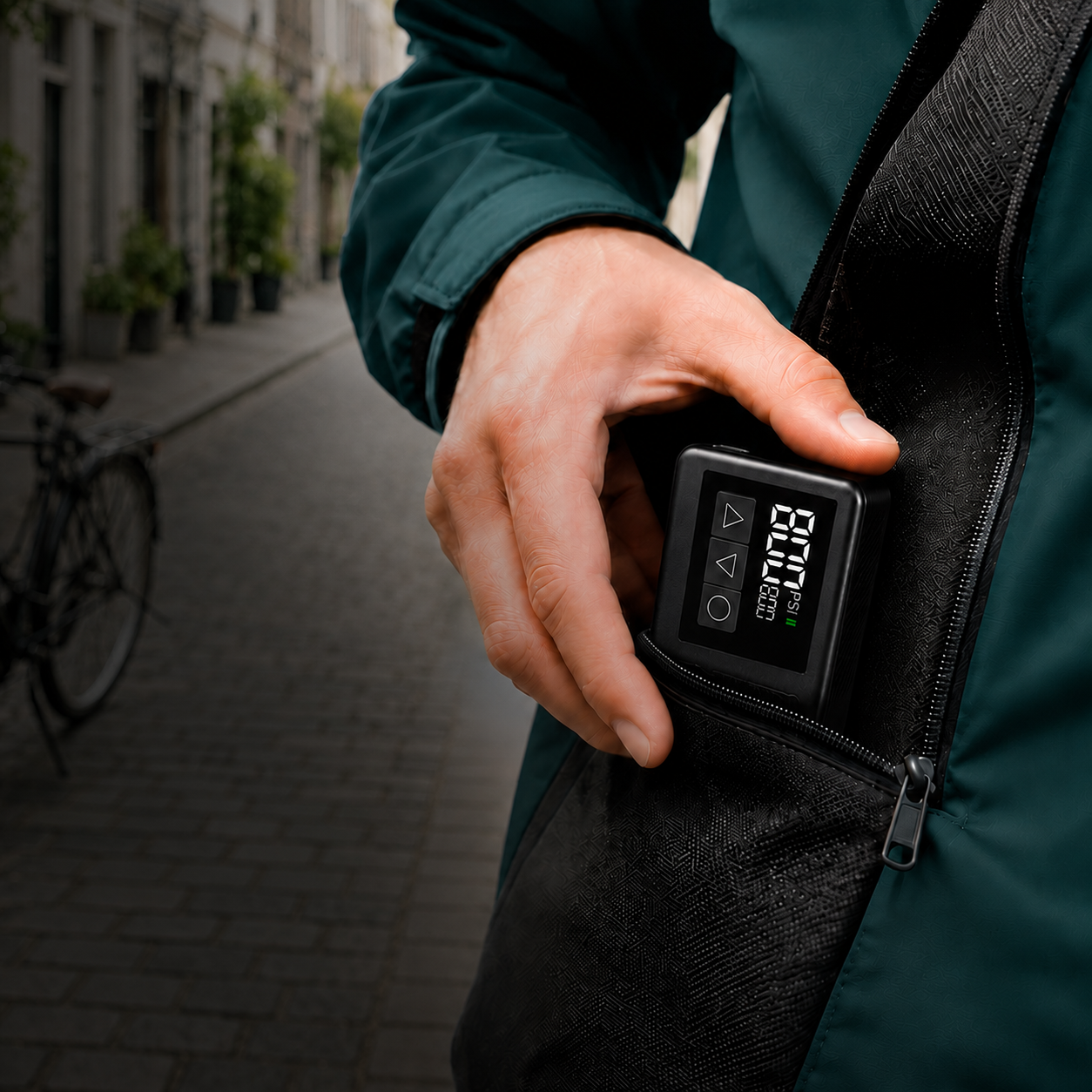 Man stopt een klein zwart digitaal apparaat in een tas. Buiten is een straat.