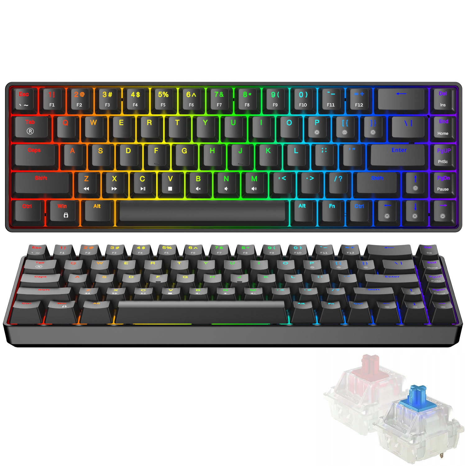Klawiatura z podświetleniem RGB i dwoma przełącznikami mechanicznymi poniżej.