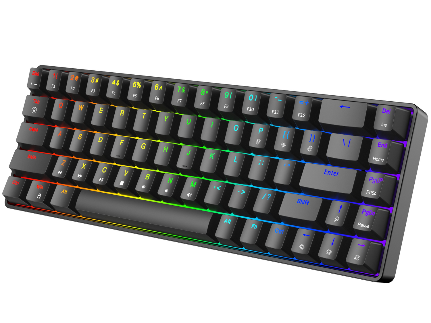Czarna klawiatura z kolorowym podświetleniem RGB na białych klawiszach.