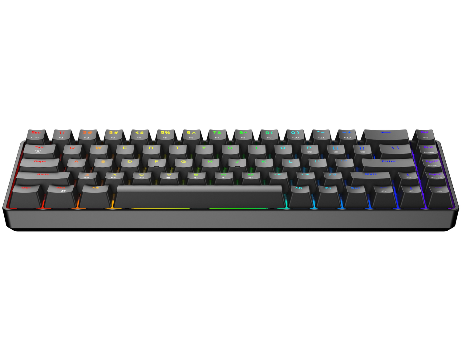 Szara klawiatura mechaniczna z podświetleniem RGB, widok z przodu.