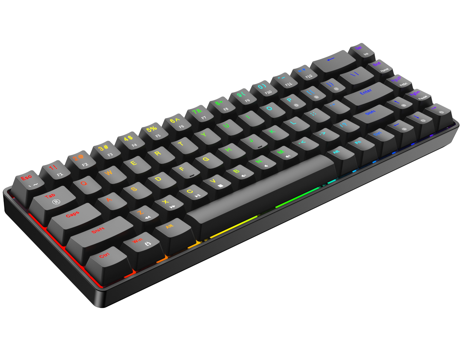 Kompaktowa czarna klawiatura z podświetleniem RGB na dolnej krawędzi.