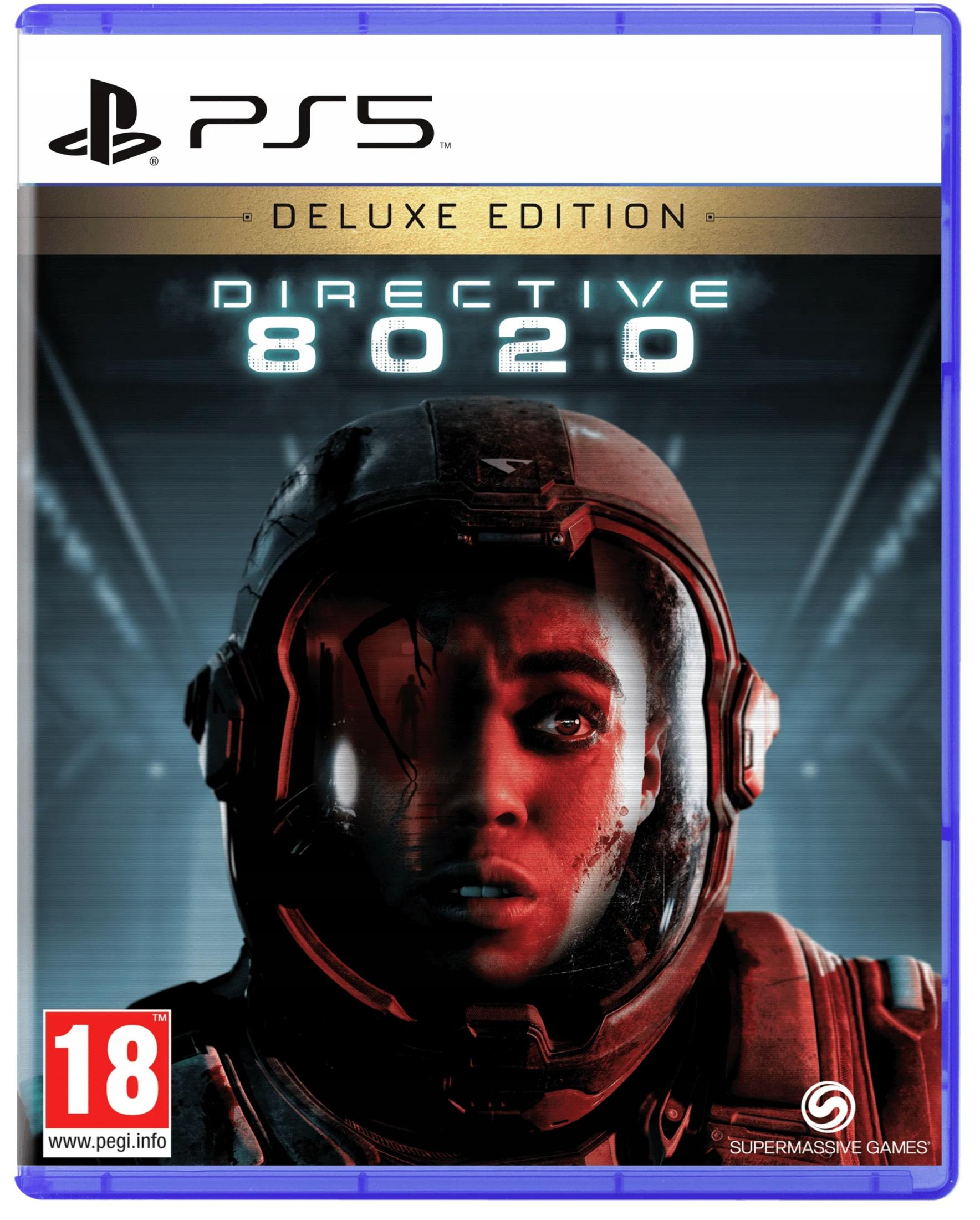 Custodia gioco PS5: Primo piano casco astronauta con illuminazione rossa. 'Directive 8020'.