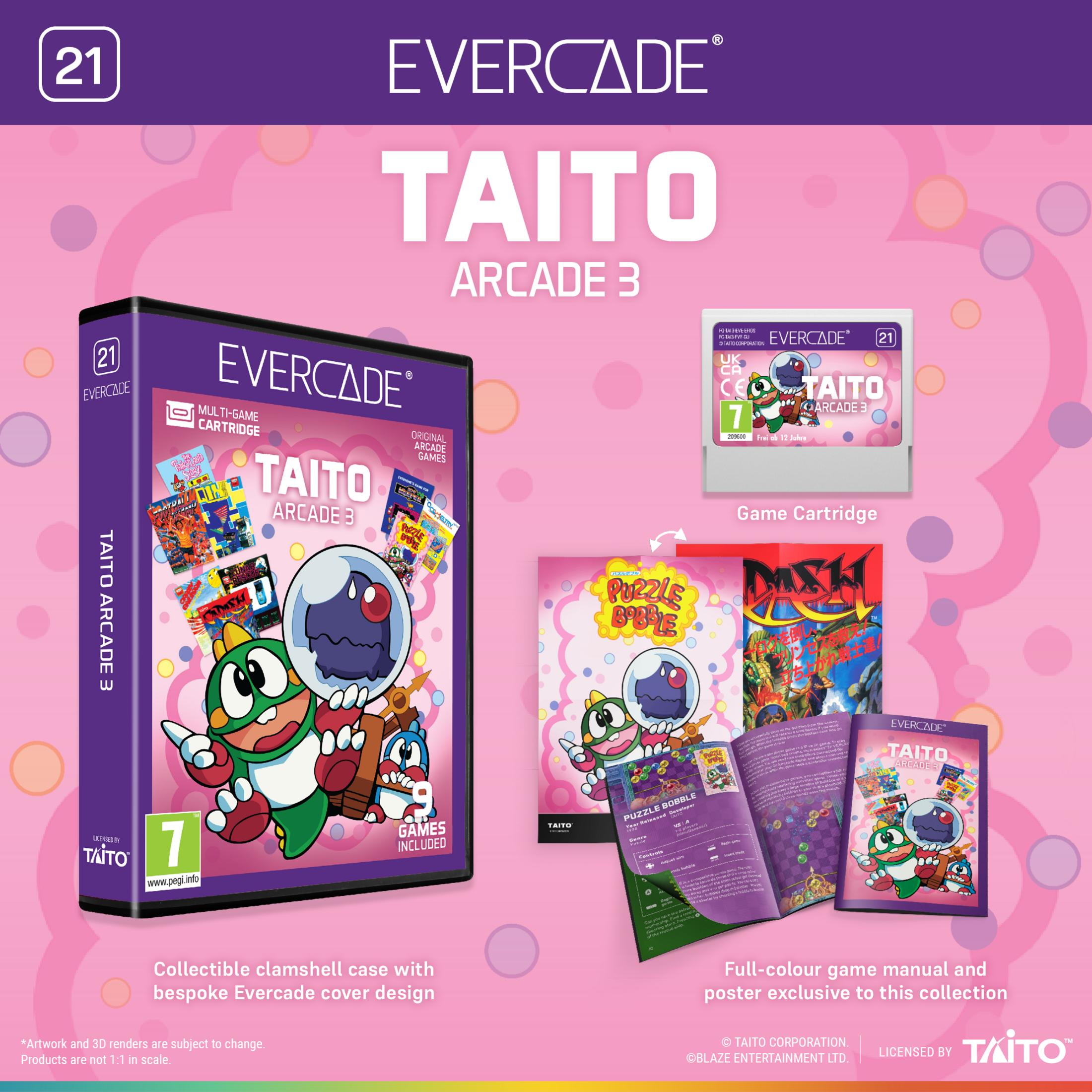 Custodia gioco Evercade Taito Arcade 3, cartuccia, manuale e poster su sfondo rosa.