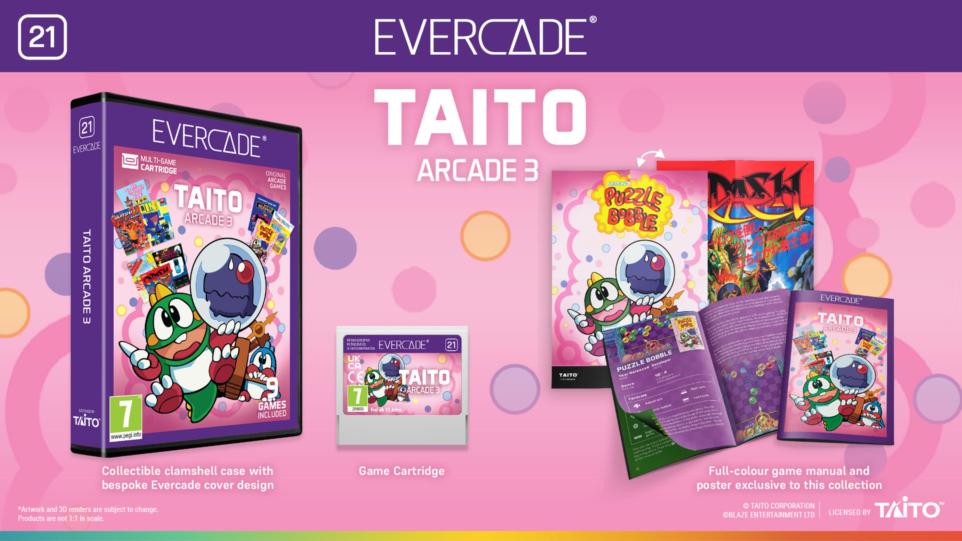 Gioco Evercade Taito Arcade 3 con custodia, cartuccia, manuale e poster.